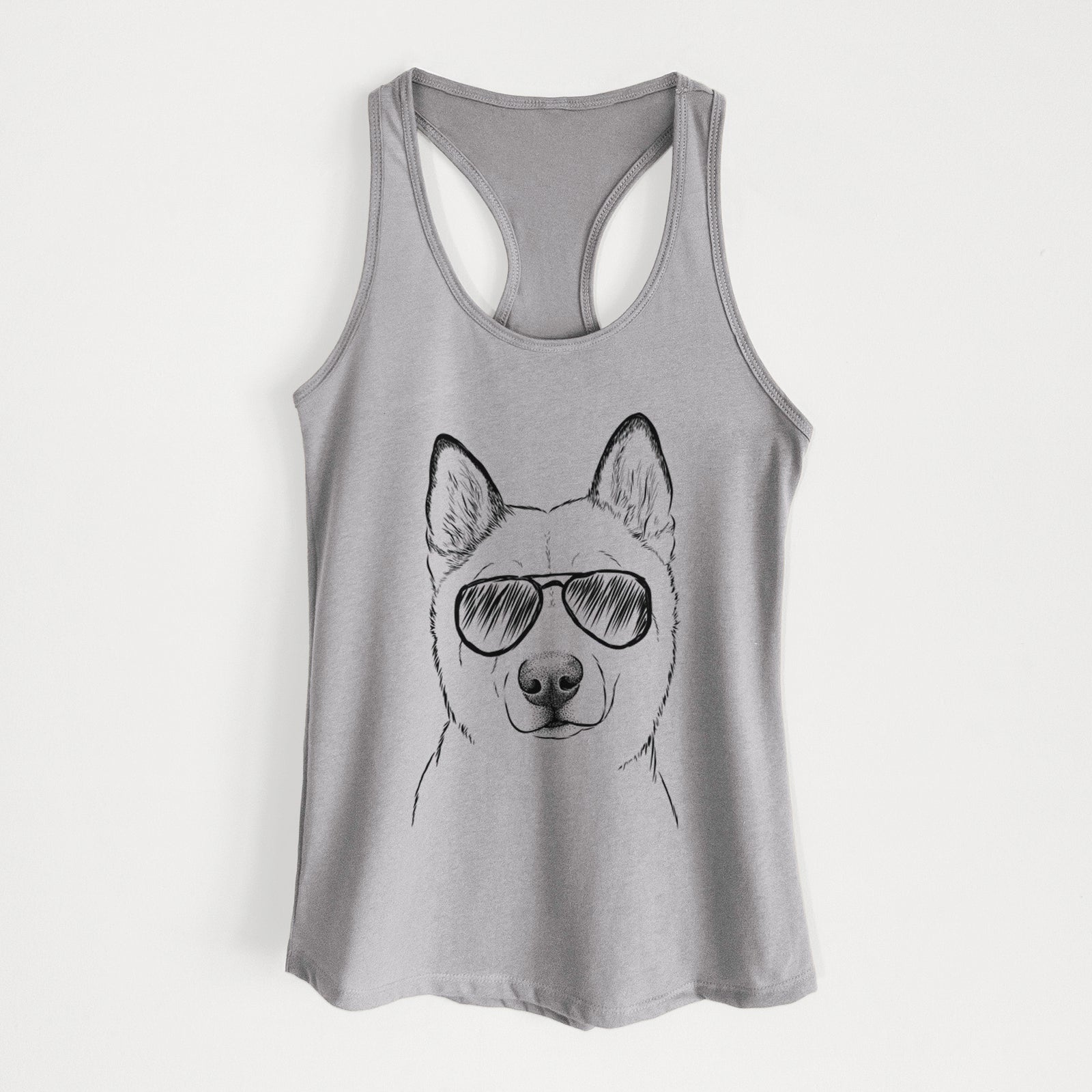 Hand-drawn sketch of London the Siberian Husky wearing aviator sunglasses on a Heather Grey Women's racerback tanktop