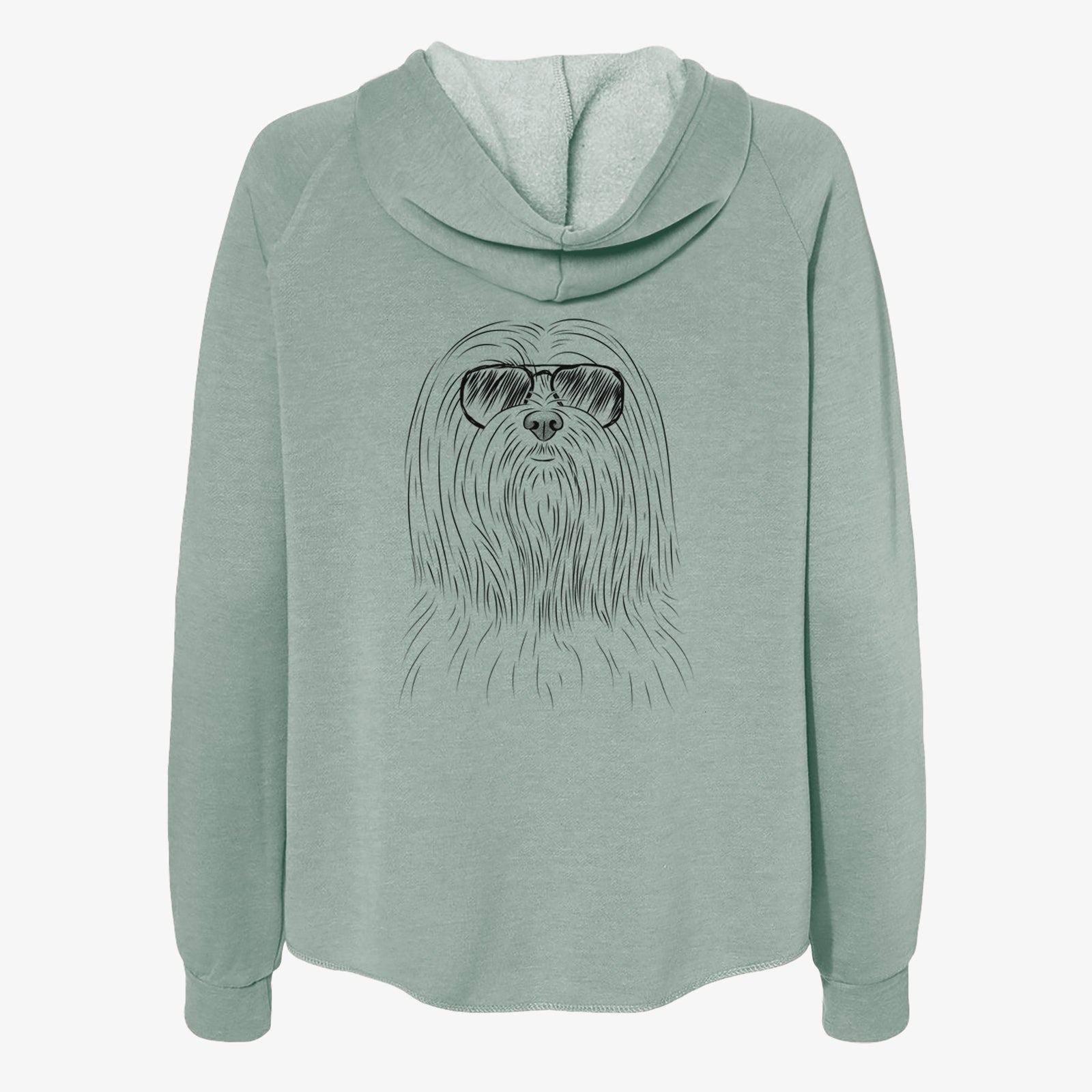 Hand-drawn sketch of Lorenzo the Lhasa Apso wearing aviator sunglasses on a Sage Women's cali wave zip-up sweatshirt