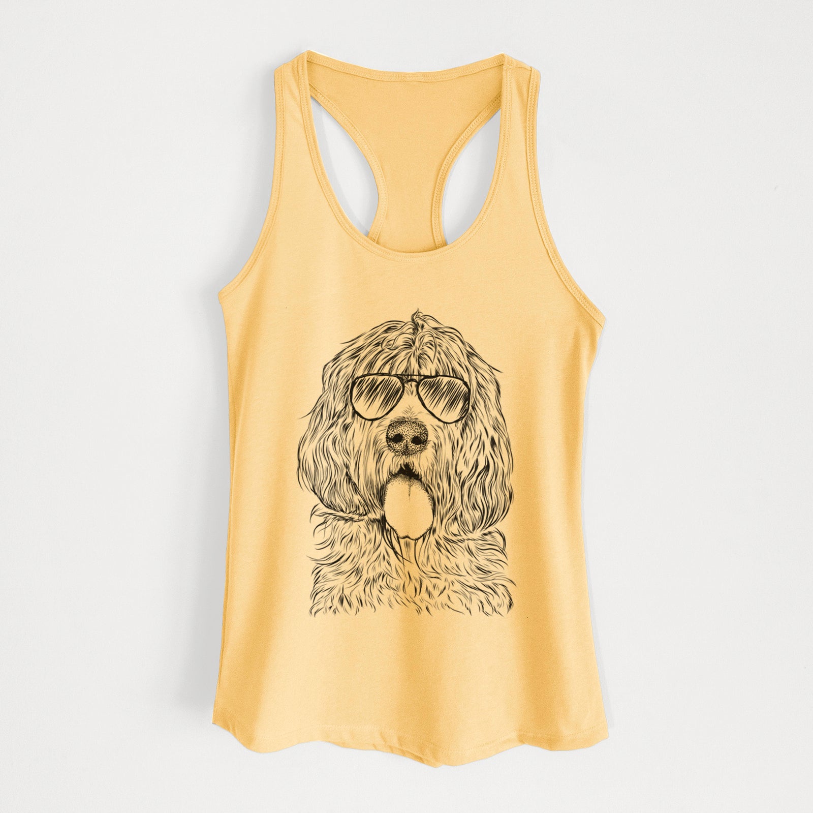 Hand-drawn sketch of Lou the Otterhound wearing aviator sunglasses on a Banana Cream Women's racerback tanktop