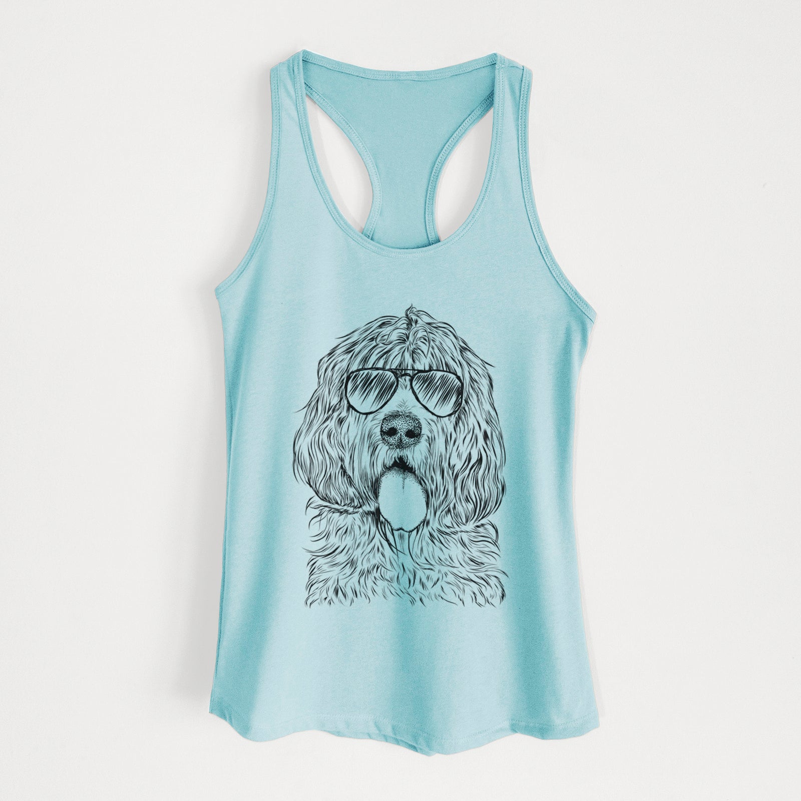 Hand-drawn sketch of Lou the Otterhound wearing aviator sunglasses on a Cancun Blue Women's racerback tanktop