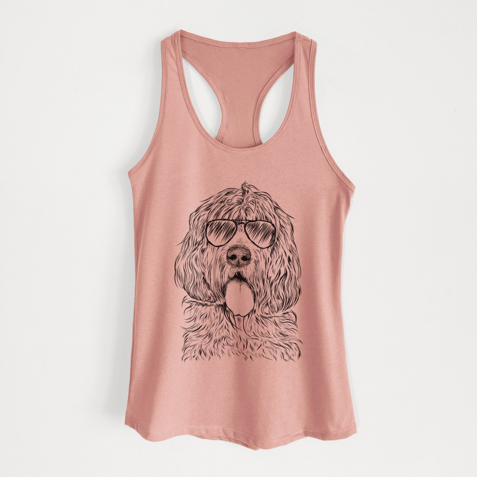 Hand-drawn sketch of Lou the Otterhound wearing aviator sunglasses on a Desert Pink Women's racerback tanktop