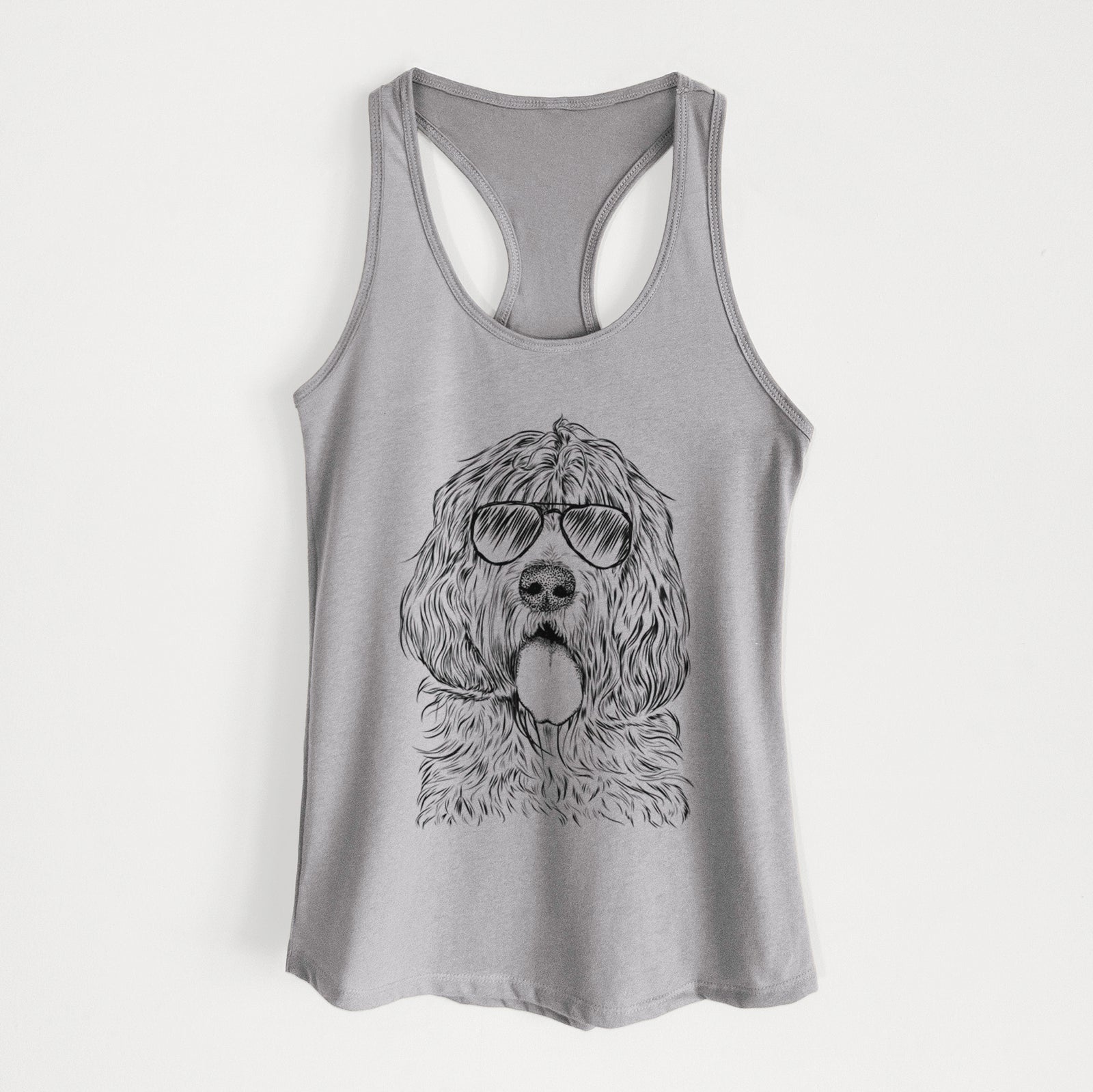 Hand-drawn sketch of Lou the Otterhound wearing aviator sunglasses on a Heather Grey Women's racerback tanktop