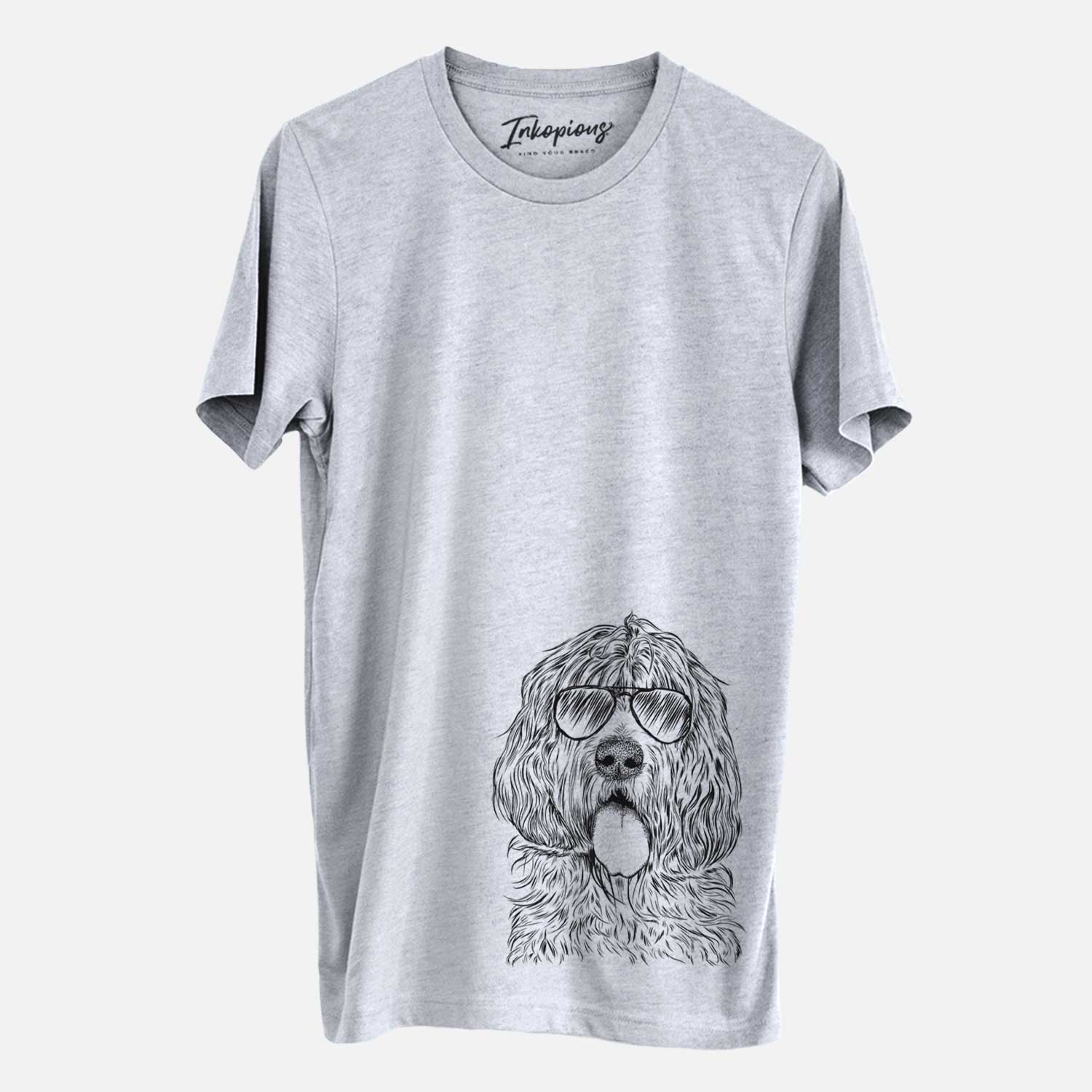 Hand-drawn sketch of Lou the Otterhound wearing aviator sunglasses on a Grey Unisex crewneck