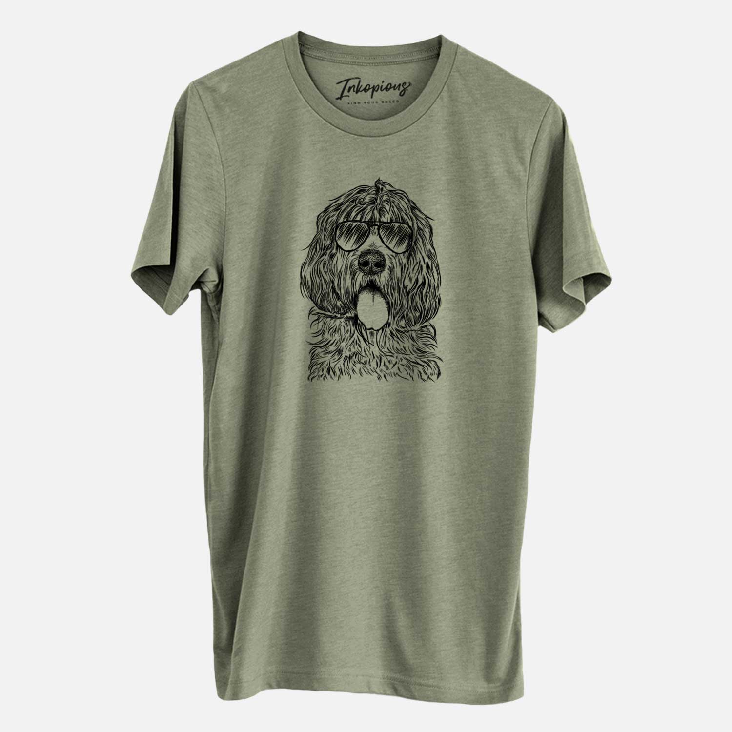 Hand-drawn sketch of Lou the Otterhound wearing aviator sunglasses on an Olive Unisex crewneck