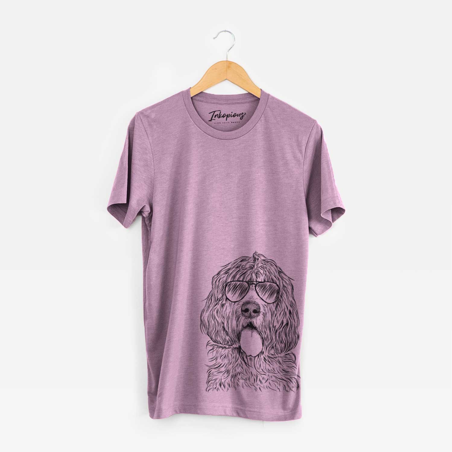 Hand-drawn sketch of Lou the Otterhound wearing aviator sunglasses on an Orchid Unisex crewneck