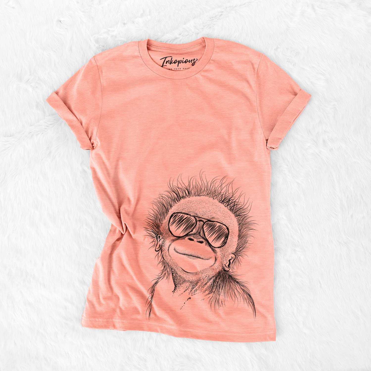Hand-drawn sketch of Louie the Baby Orangutan wearing aviator sunglasses on a Sunset Bella Canvas Unisex Crewneck