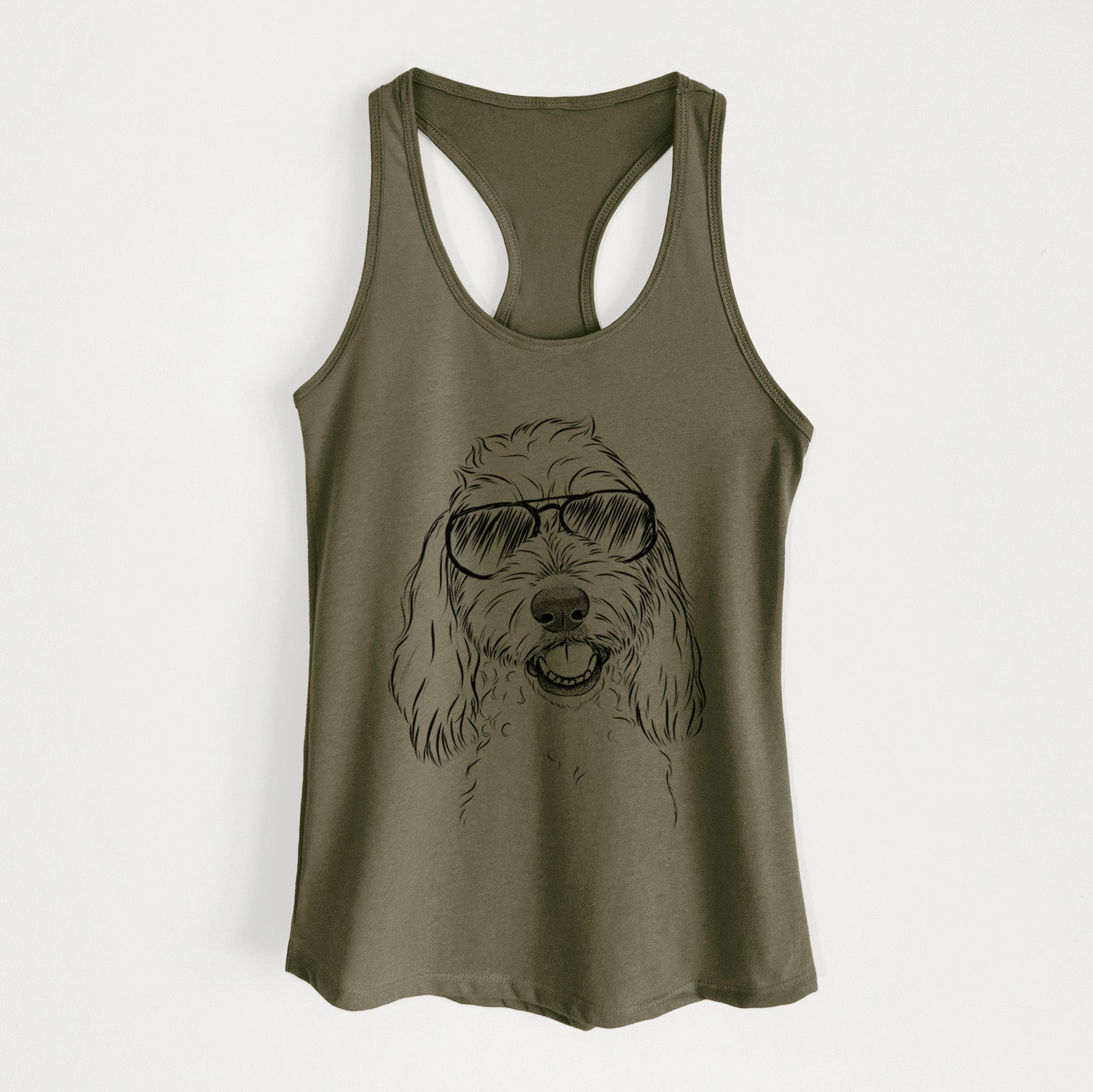 Hand-drawn sketch of Louie the Coton de Tulear wearing aviator sunglasses on a Military Green Women's racerback tanktop