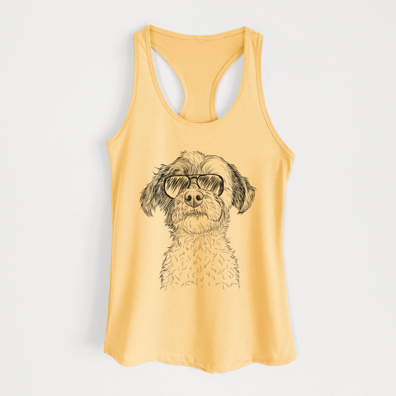 Hand-drawn sketch of Louise the Havanese wearing aviator sunglasses on a Banana Cream Women's racerback tanktop