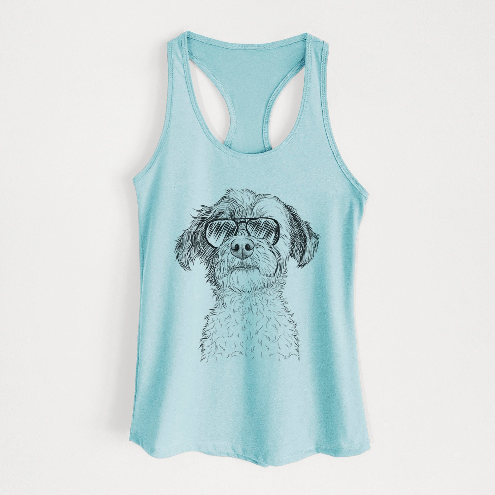 Hand-drawn sketch of Louise the Havanese wearing aviator sunglasses on a Cancun Blue Women's racerback tanktop