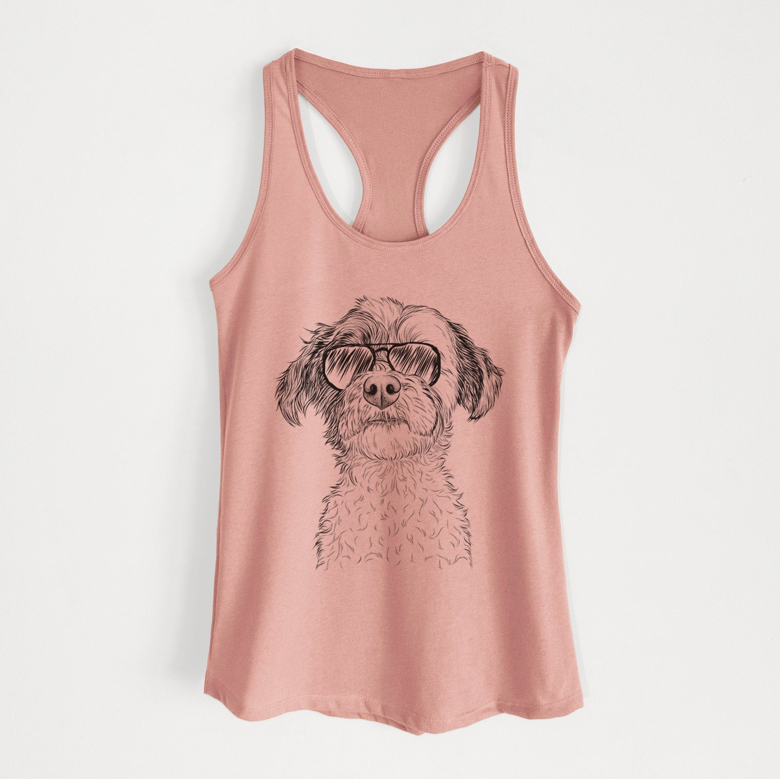 Hand-drawn sketch of Louise the Havanese wearing aviator sunglasses on a Desert Pink Women's racerback tanktop