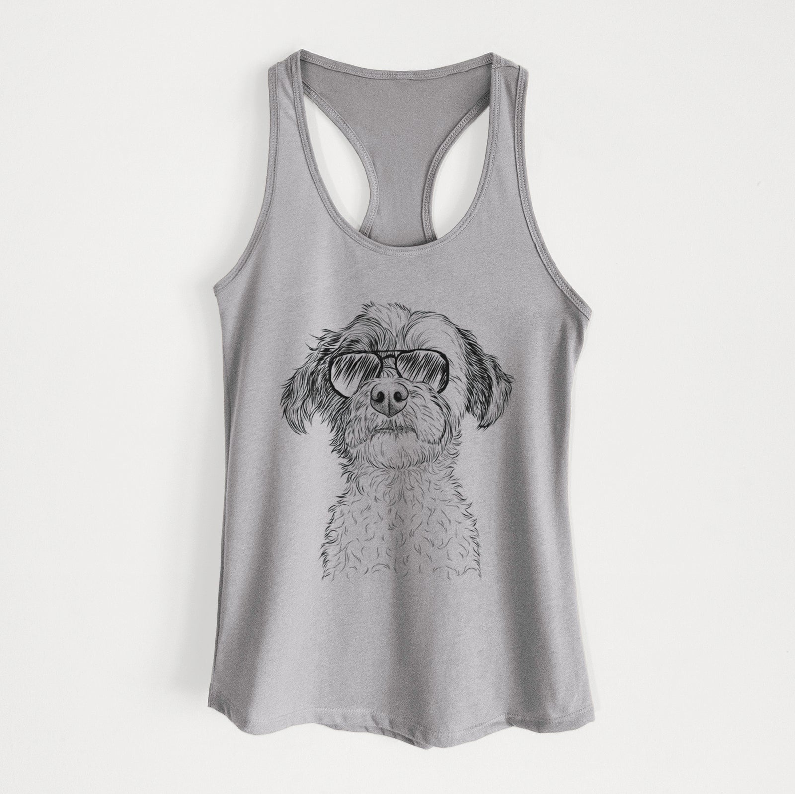 Hand-drawn sketch of Louise the Havanese wearing aviator sunglasses on a Heather Grey Women's racerback tanktop