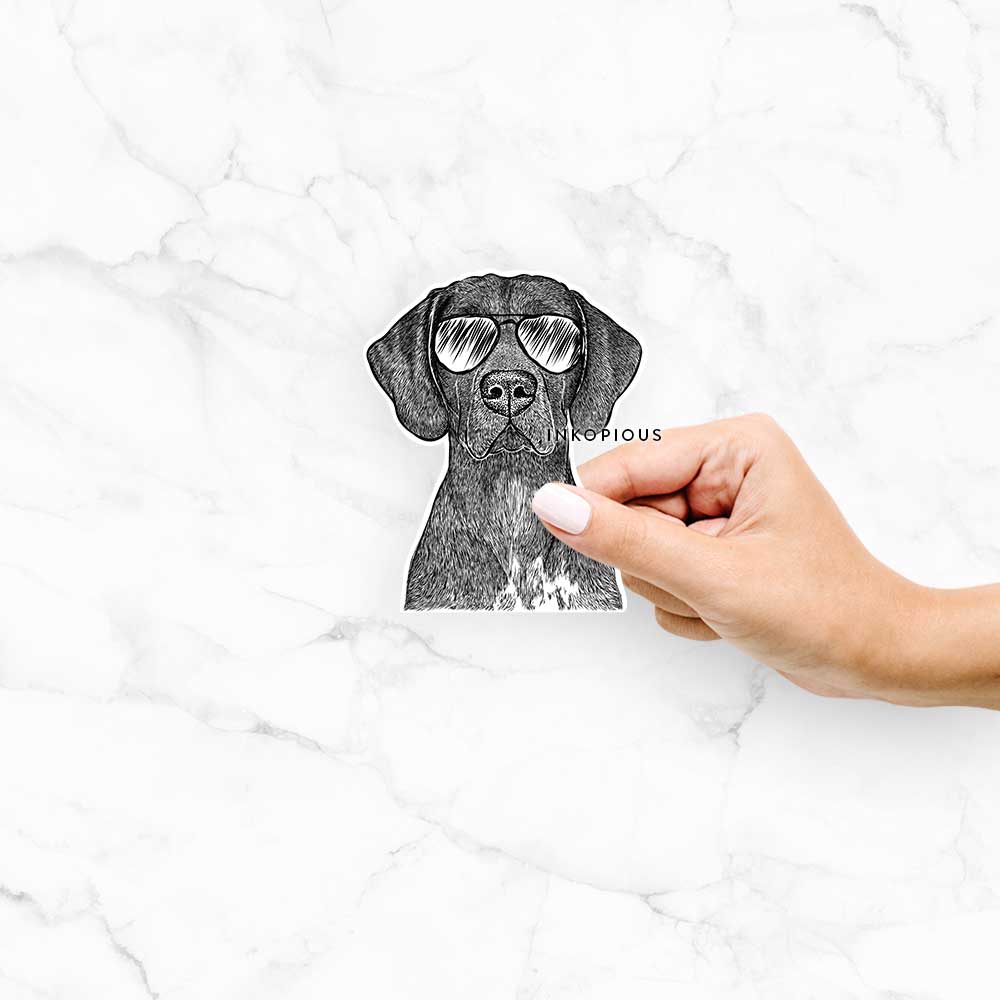 Hand-drawn sketch of Lucifer the German Shorthaired Pointer wearing aviator sunglasses on a decal sticker