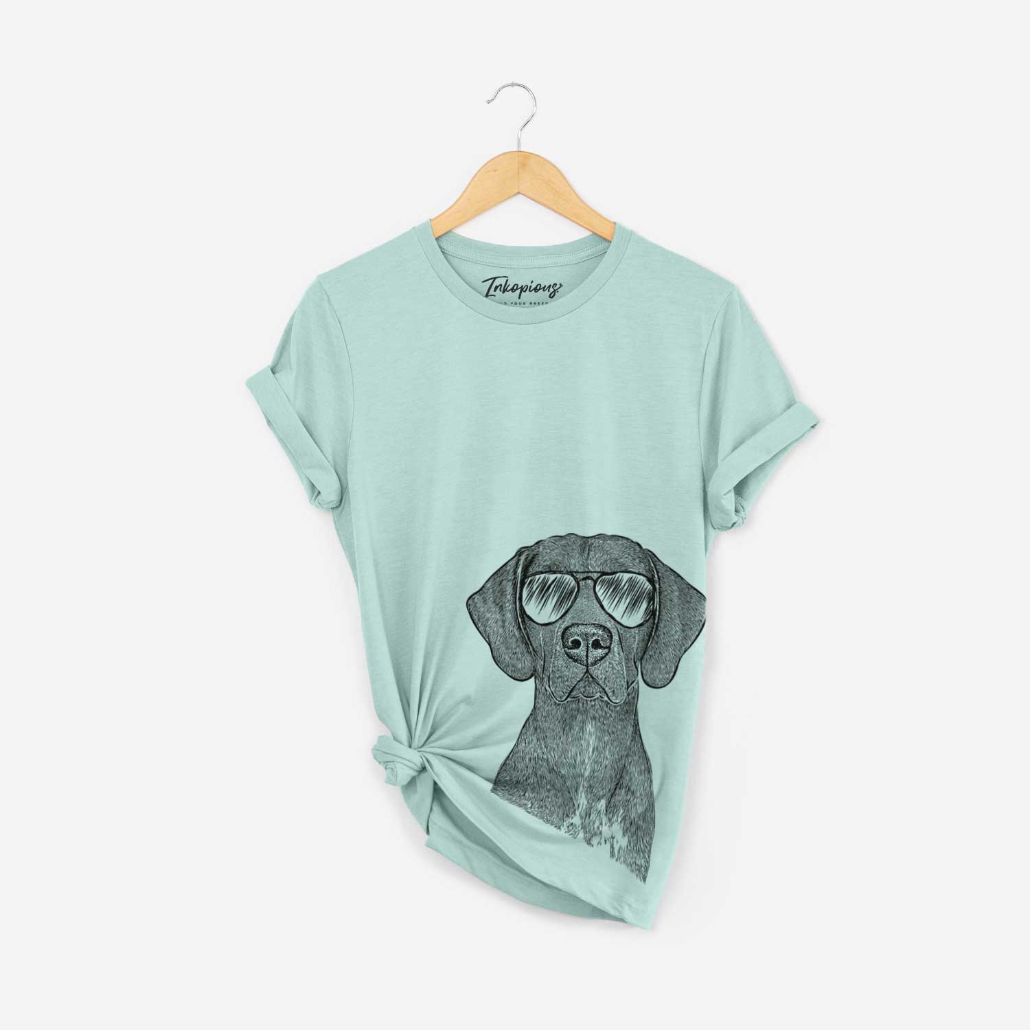 Hand-drawn sketch of Lucifer the German Shorthaired Pointer wearing aviator sunglasses on a Heather Sage Bella Canvas Unisex Crewneck