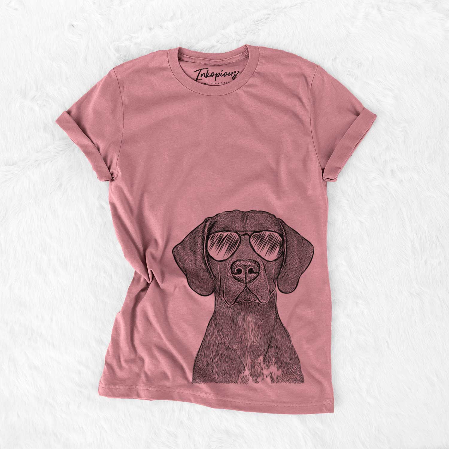 Hand-drawn sketch of Lucifer the German Shorthaired Pointer wearing aviator sunglasses on a Mauve Bella Canvas Unisex Crewneck