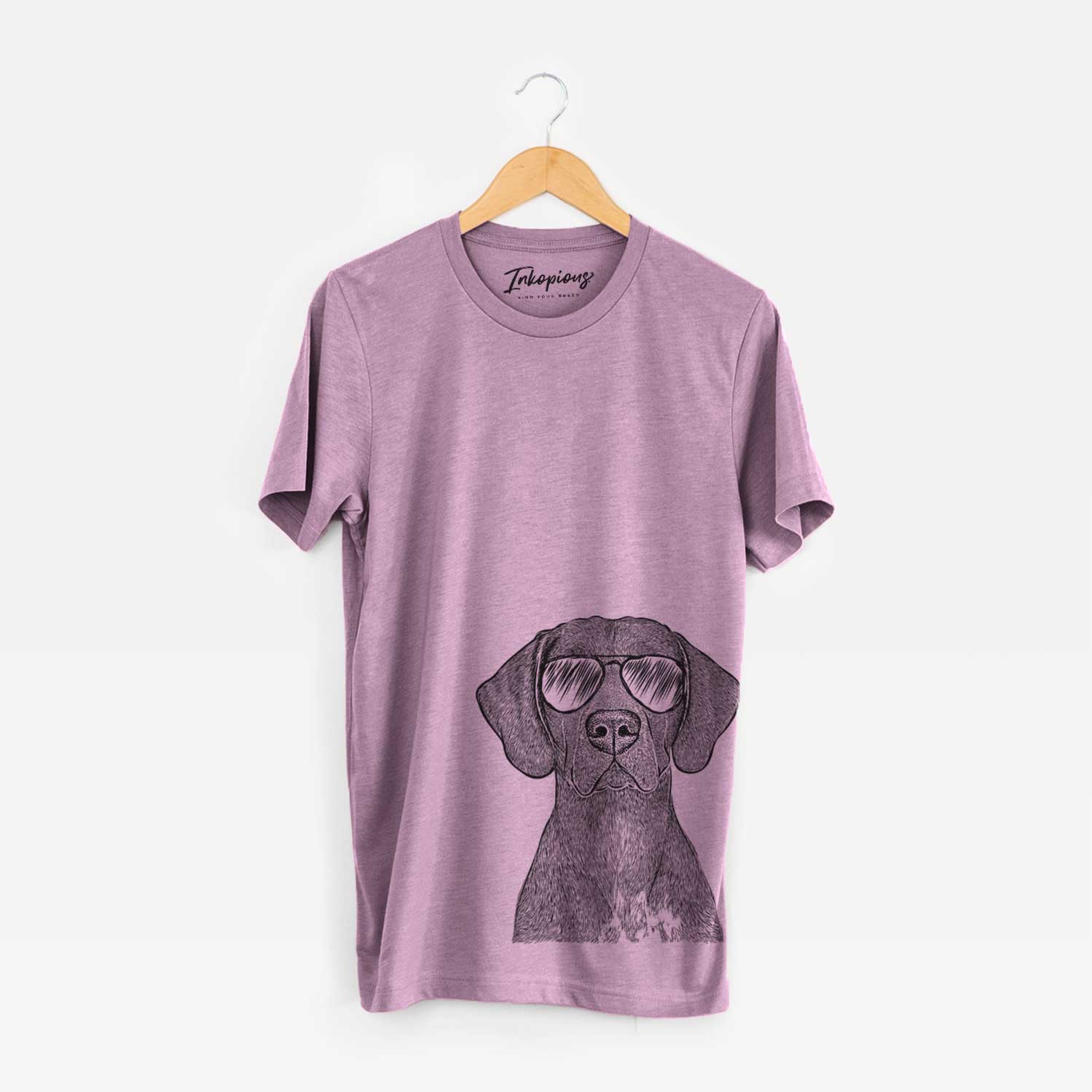 Hand-drawn sketch of Lucifer the German Shorthaired Pointer wearing aviator sunglasses on an Orchid Bella Canvas Unisex Crewneck
