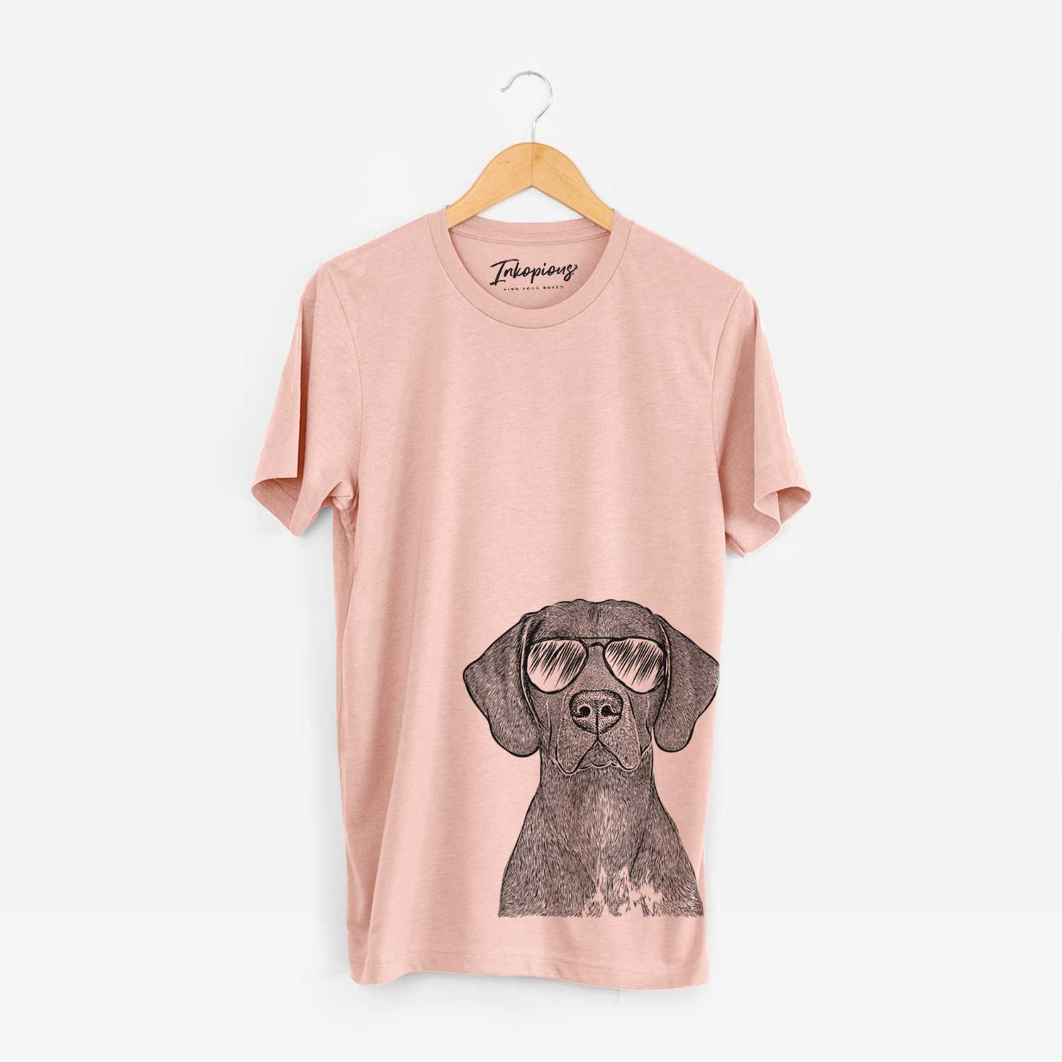 Hand-drawn sketch of Lucifer the German Shorthaired Pointer wearing aviator sunglasses on a Peach Bella Canvas Unisex Crewneck