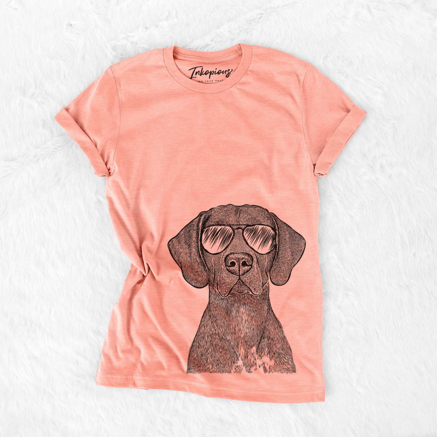 Hand-drawn sketch of Lucifer the German Shorthaired Pointer wearing aviator sunglasses on a Sunset Bella Canvas Unisex Crewneck