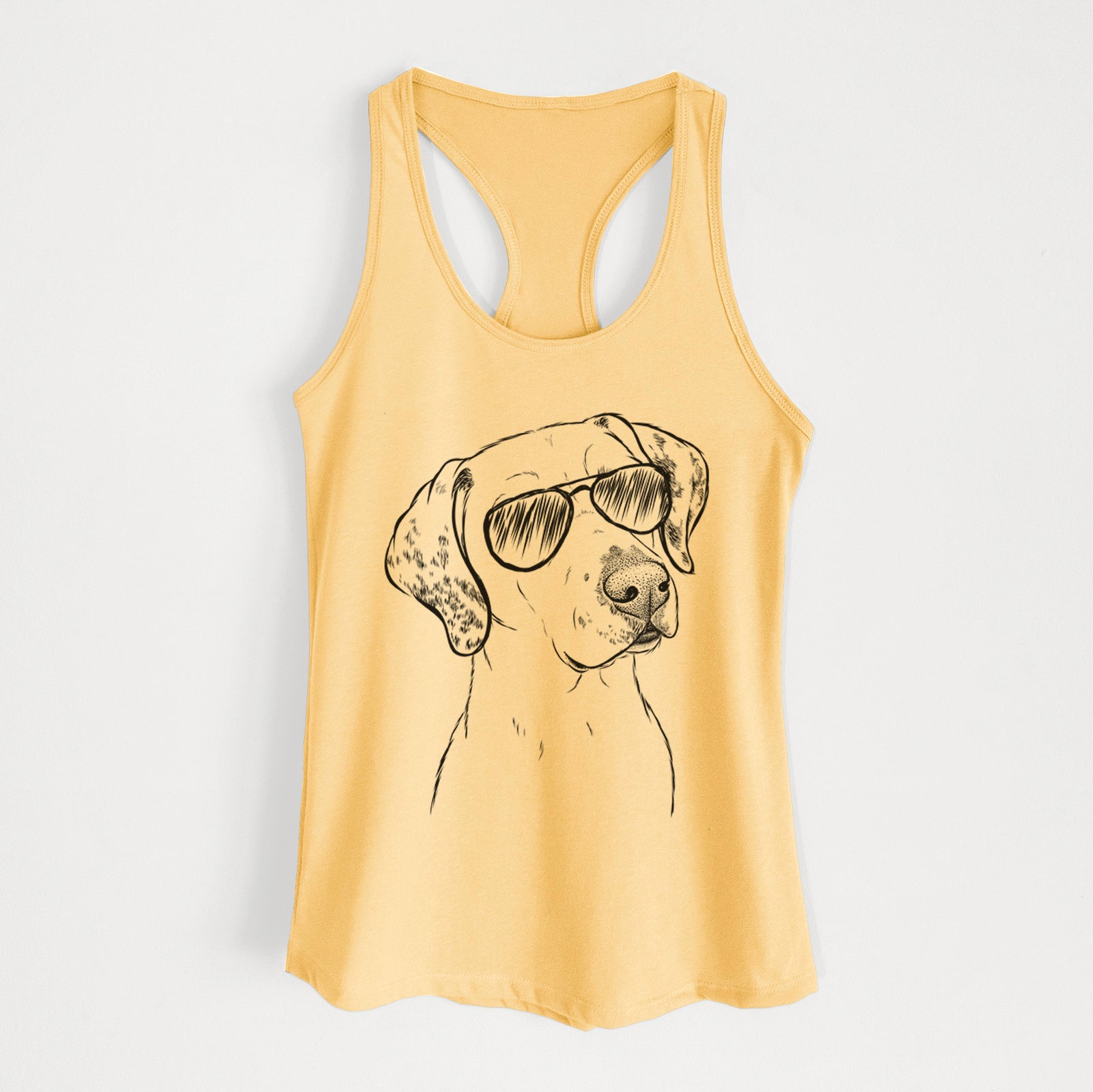 Hand-drawn sketch of Lucky the Dalmatian wearing aviator sunglasses on a Banana Cream Women's racerback tanktop