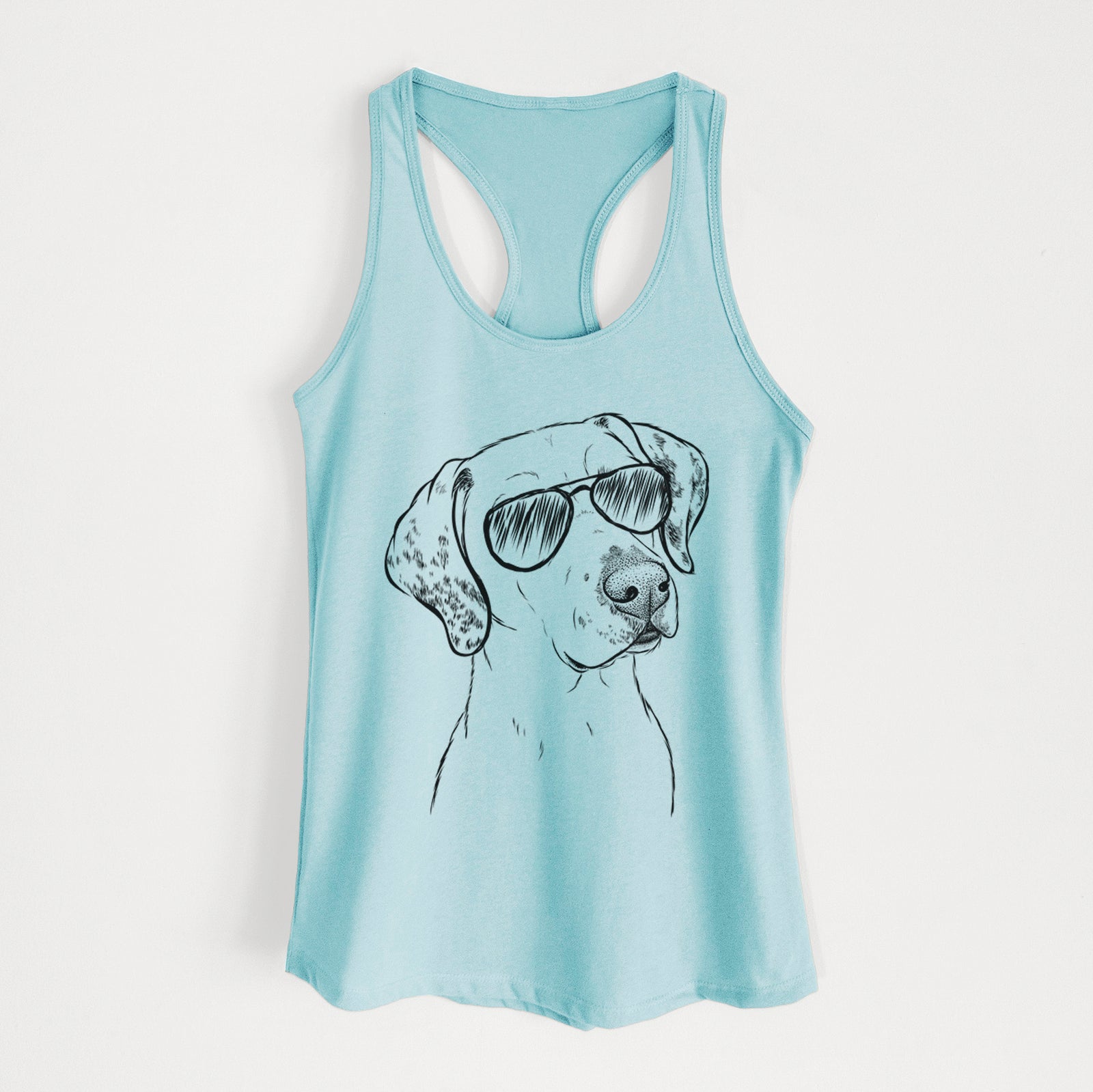 Hand-drawn sketch of Lucky the Dalmatian wearing aviator sunglasses on a Cancun Blue Women's racerback tanktop