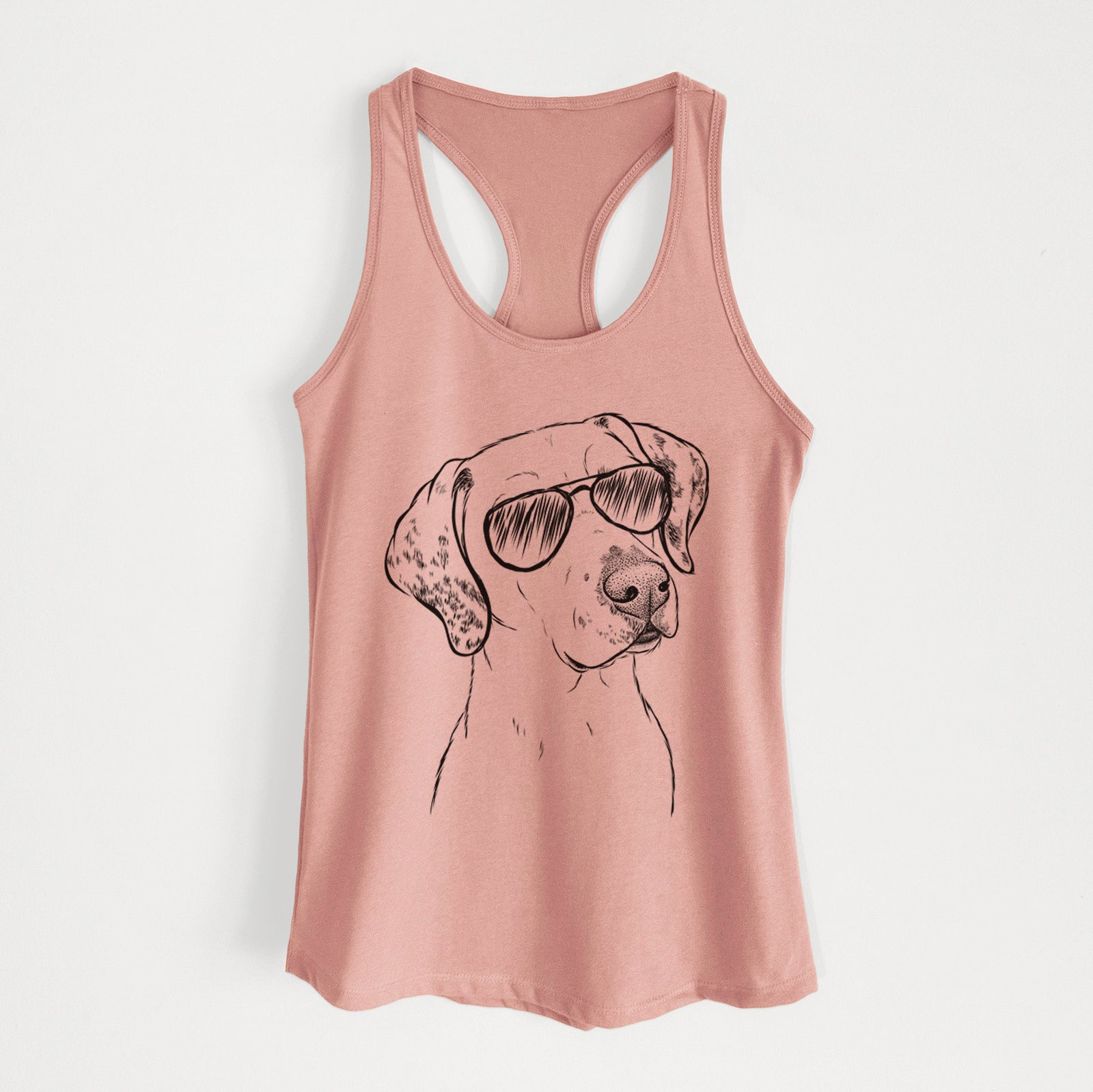 Hand-drawn sketch of Lucky the Dalmatian wearing aviator sunglasses on a Desert Pink Women's racerback tanktop