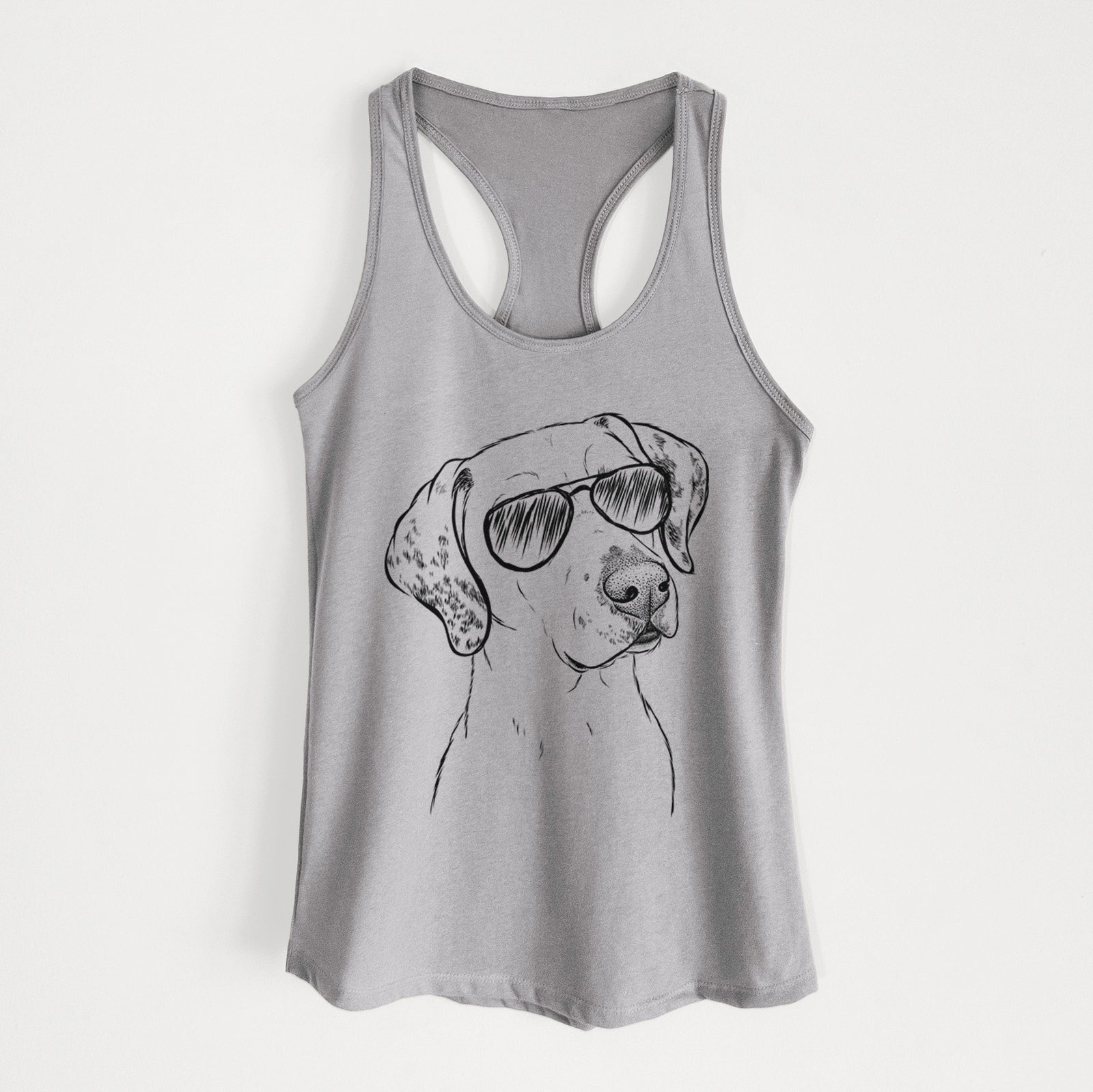 Hand-drawn sketch of Lucky the Dalmatian wearing aviator sunglasses on a Heather Grey Women's racerback tanktop