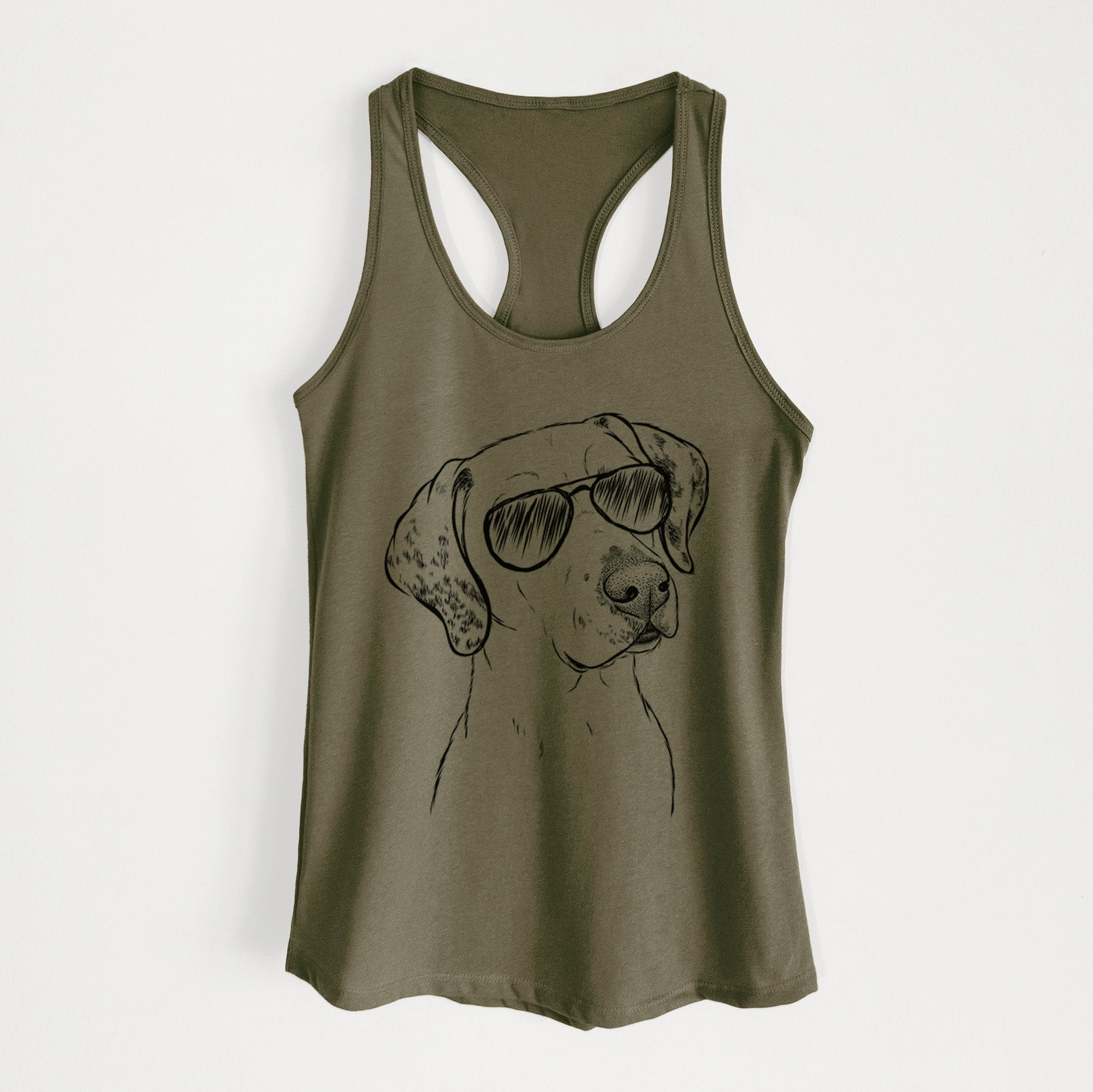 Hand-drawn sketch of Lucky the Dalmatian wearing aviator sunglasses on a Military Green Women's racerback tanktop