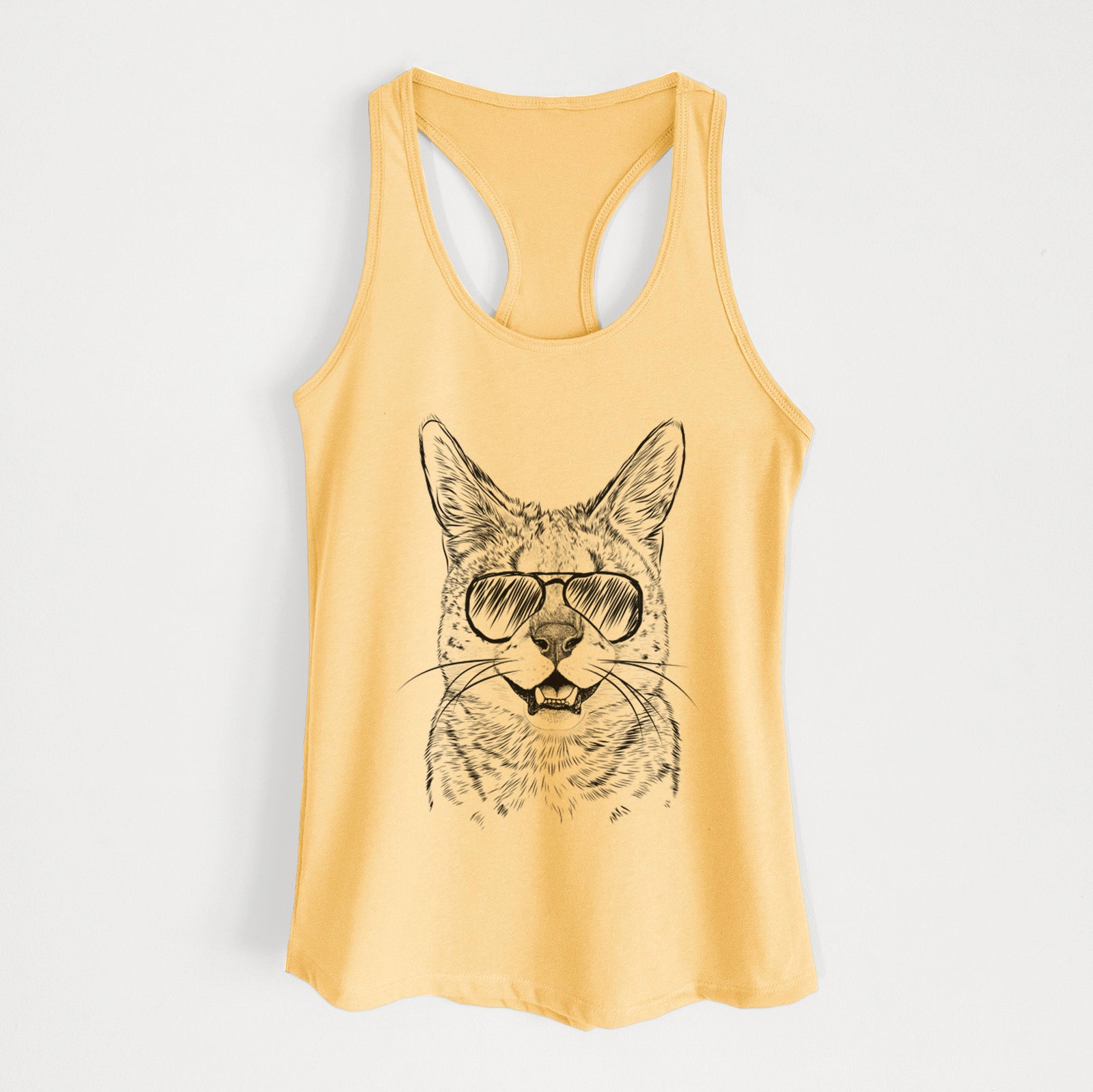 Hand-drawn sketch of Lucky the Serval Cat wearing aviator sunglasses on a Banana Cream Women's racerback tanktop