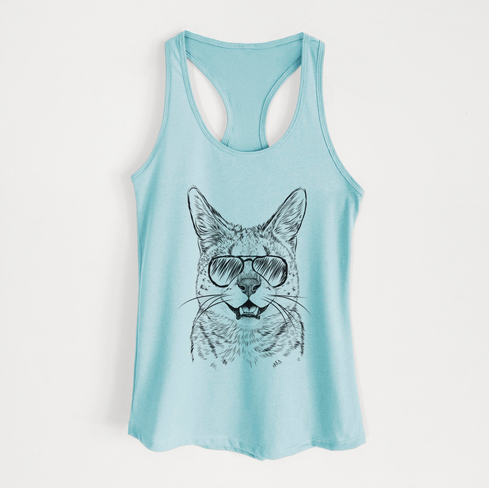 Hand-drawn sketch of Lucky the Serval Cat wearing aviator sunglasses on a Cancun Blue Women's racerback tanktop