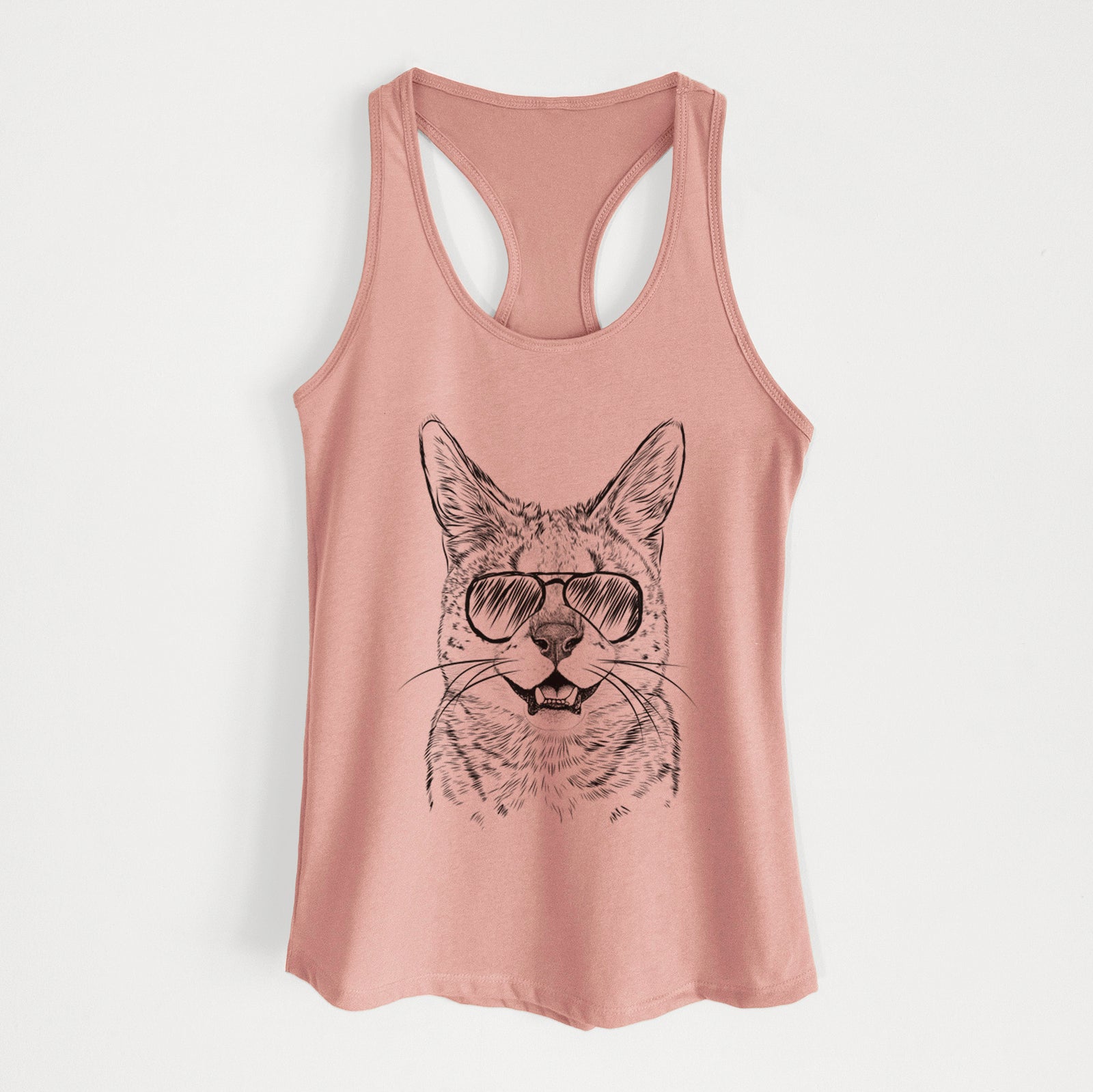 Hand-drawn sketch of Lucky the Serval Cat wearing aviator sunglasses on a Desert Pink Women's racerback tanktop