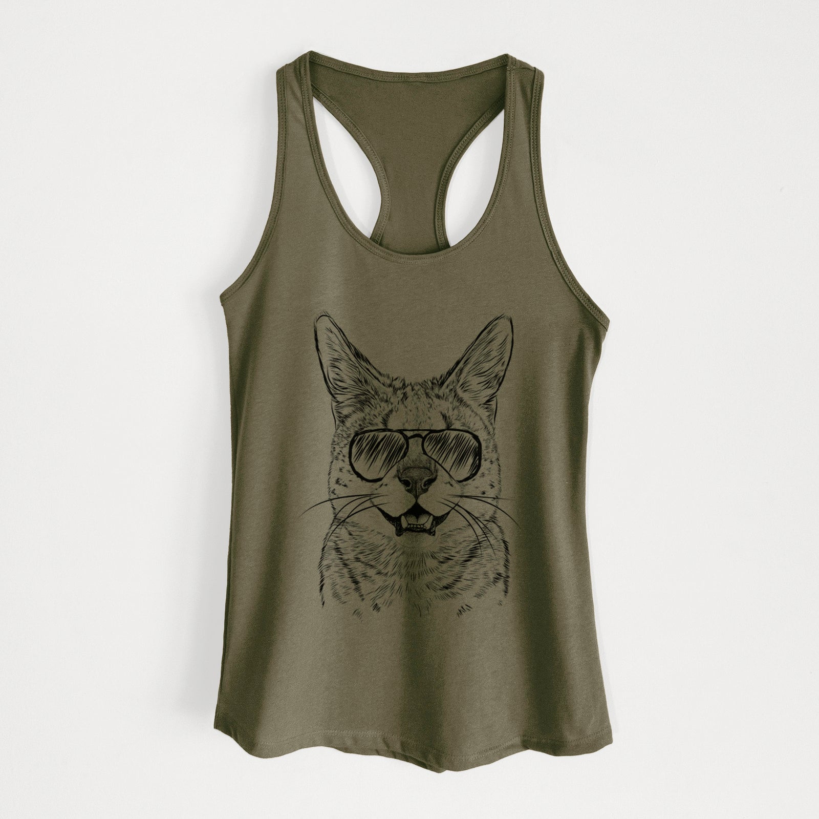 Hand-drawn sketch of Lucky the Serval Cat wearing aviator sunglasses on a Military Green Women's racerback tanktop