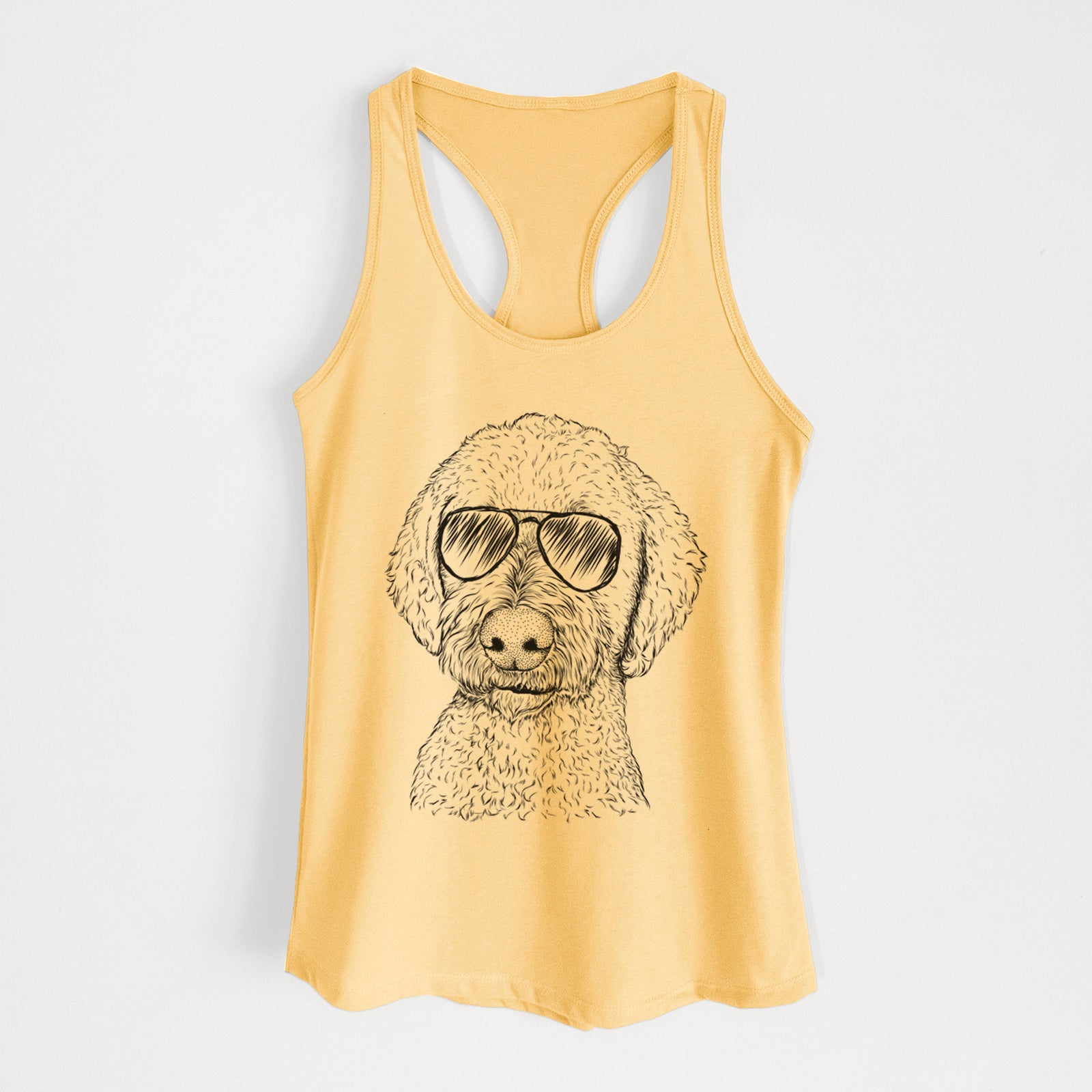 Hand-drawn sketch of Lucy Boo the Goldendoodle wearing aviator sunglasses on a Banana Cream Women's racerback tanktop