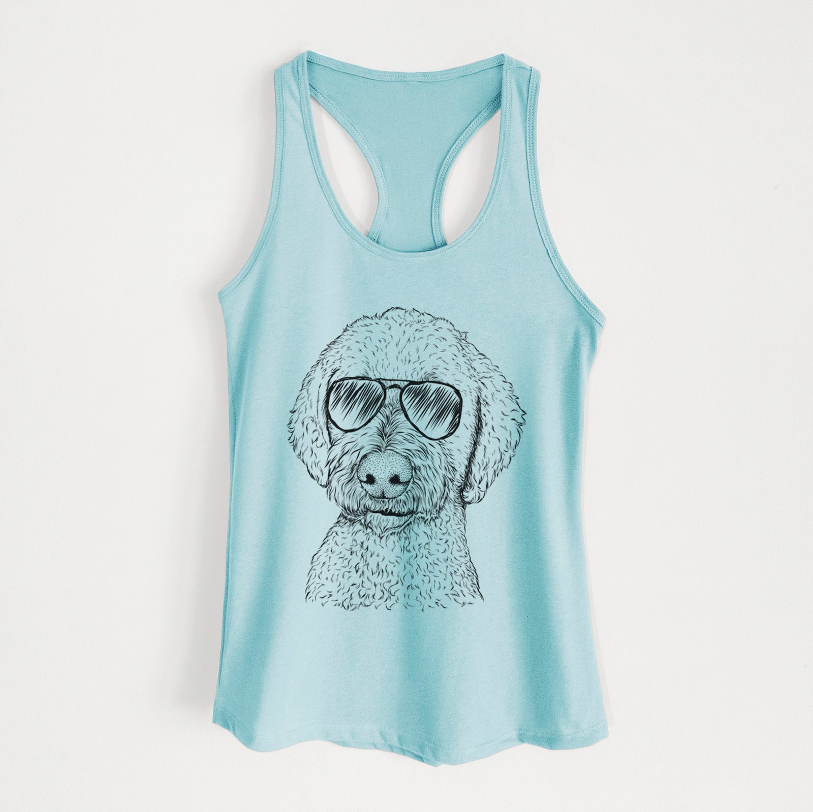 Hand-drawn sketch of Lucy Boo the Goldendoodle wearing aviator sunglasses on a Cancun Blue Women's racerback tanktop