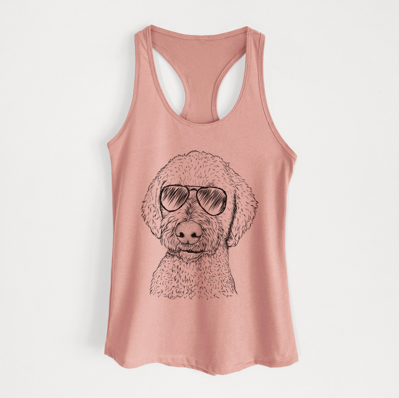 Hand-drawn sketch of Lucy Boo the Goldendoodle wearing aviator sunglasses on a Desert Pink Women's racerback tanktop