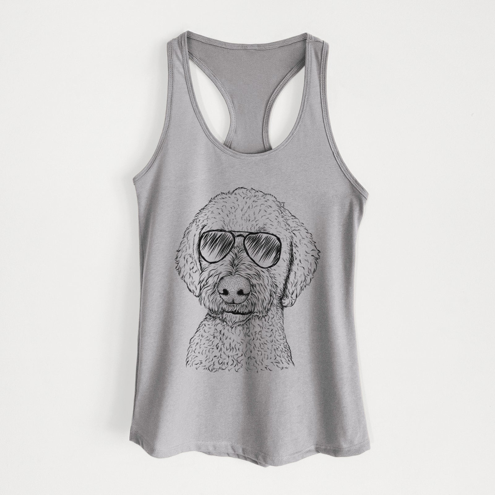 Hand-drawn sketch of Lucy Boo the Goldendoodle wearing aviator sunglasses on a Heather Grey Women's racerback tanktop