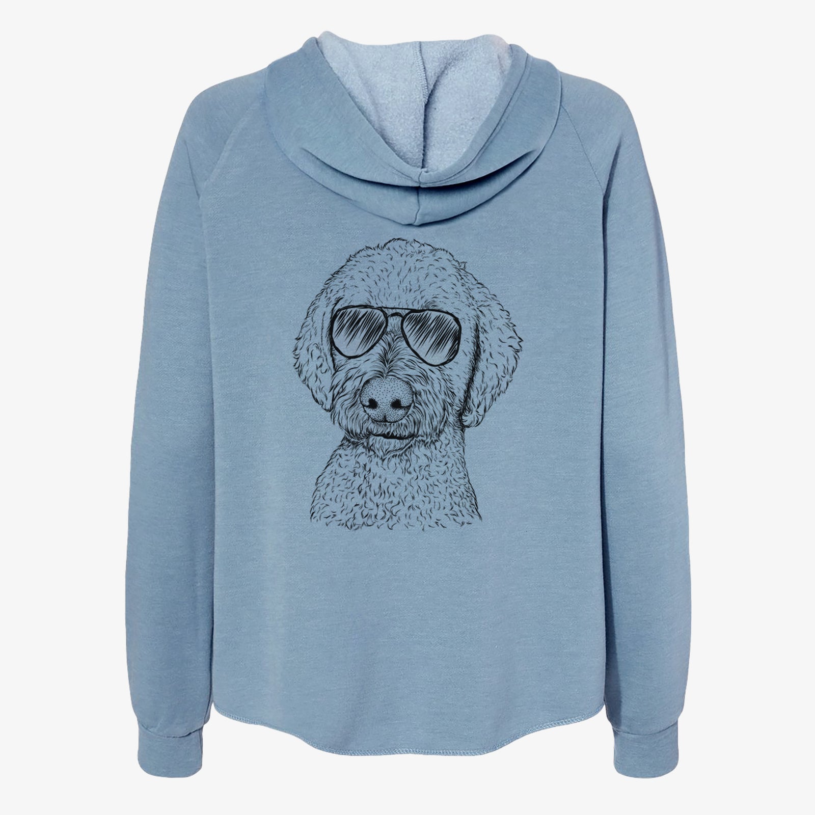 Hand-drawn sketch of Lucy Boo the Goldendoodle wearing aviator sunglasses on a Misty Blue Women's cali wave zip-up sweatshirt