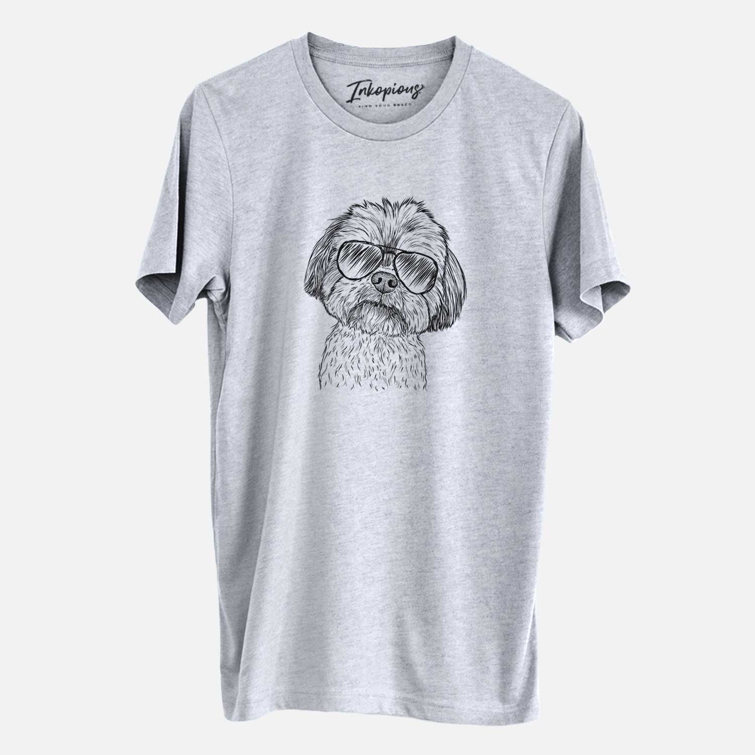 Hand-drawn sketch of Lucy the Shorkie wearing aviator sunglasses on a Grey Unisex crewneck