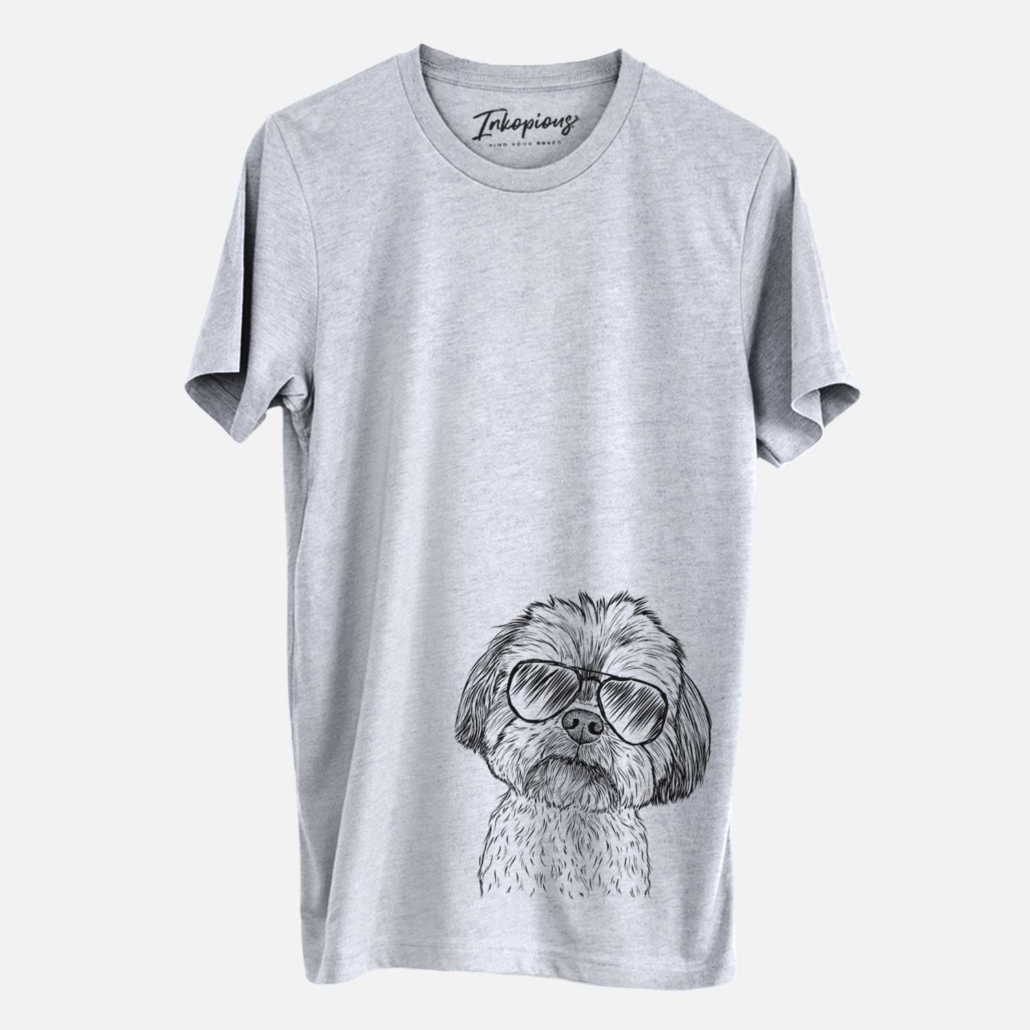 Hand-drawn sketch of Lucy the Shorkie wearing aviator sunglasses on a Grey Unisex crewneck