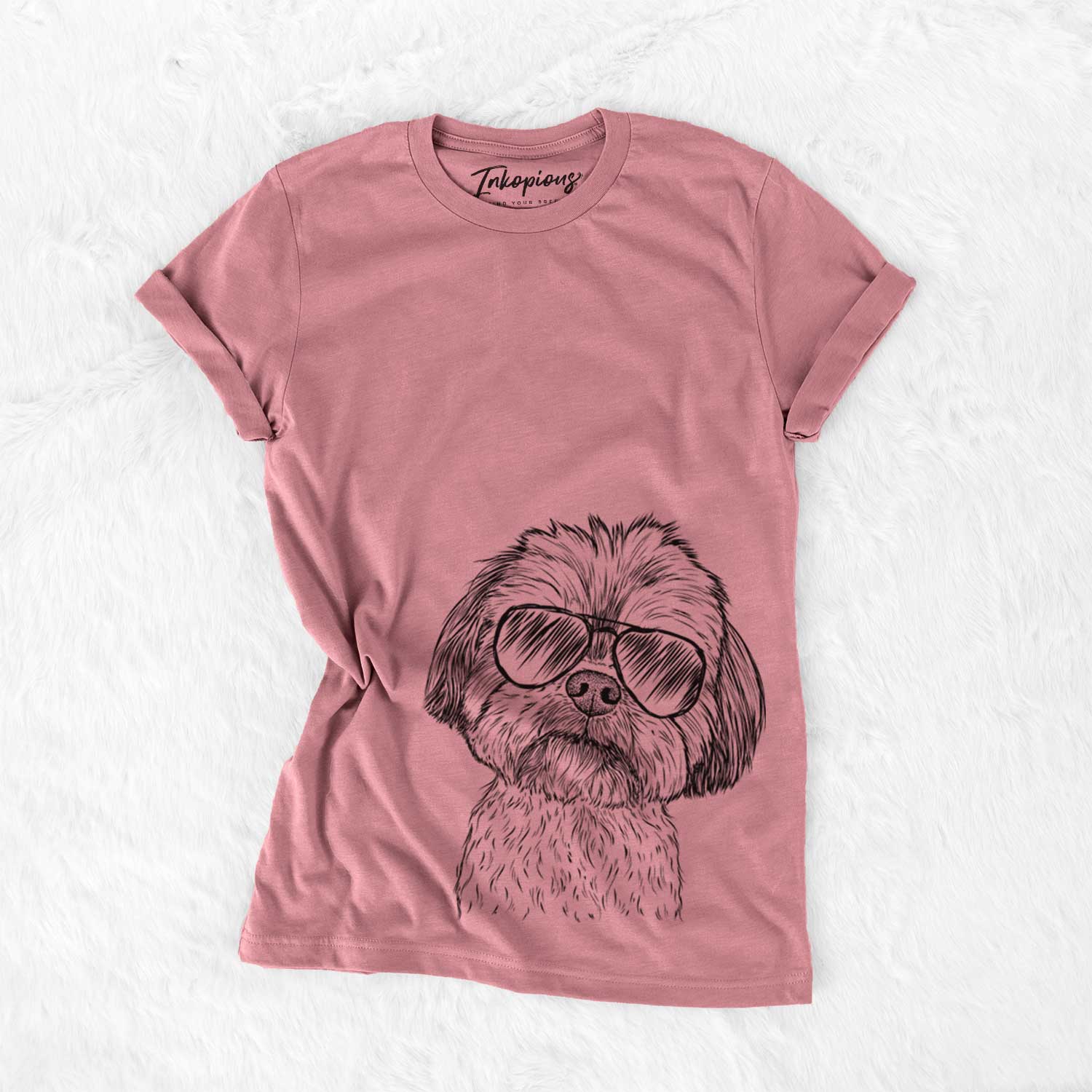 Hand-drawn sketch of Lucy the Shorkie wearing aviator sunglasses on a Mauve Unisex crewneck