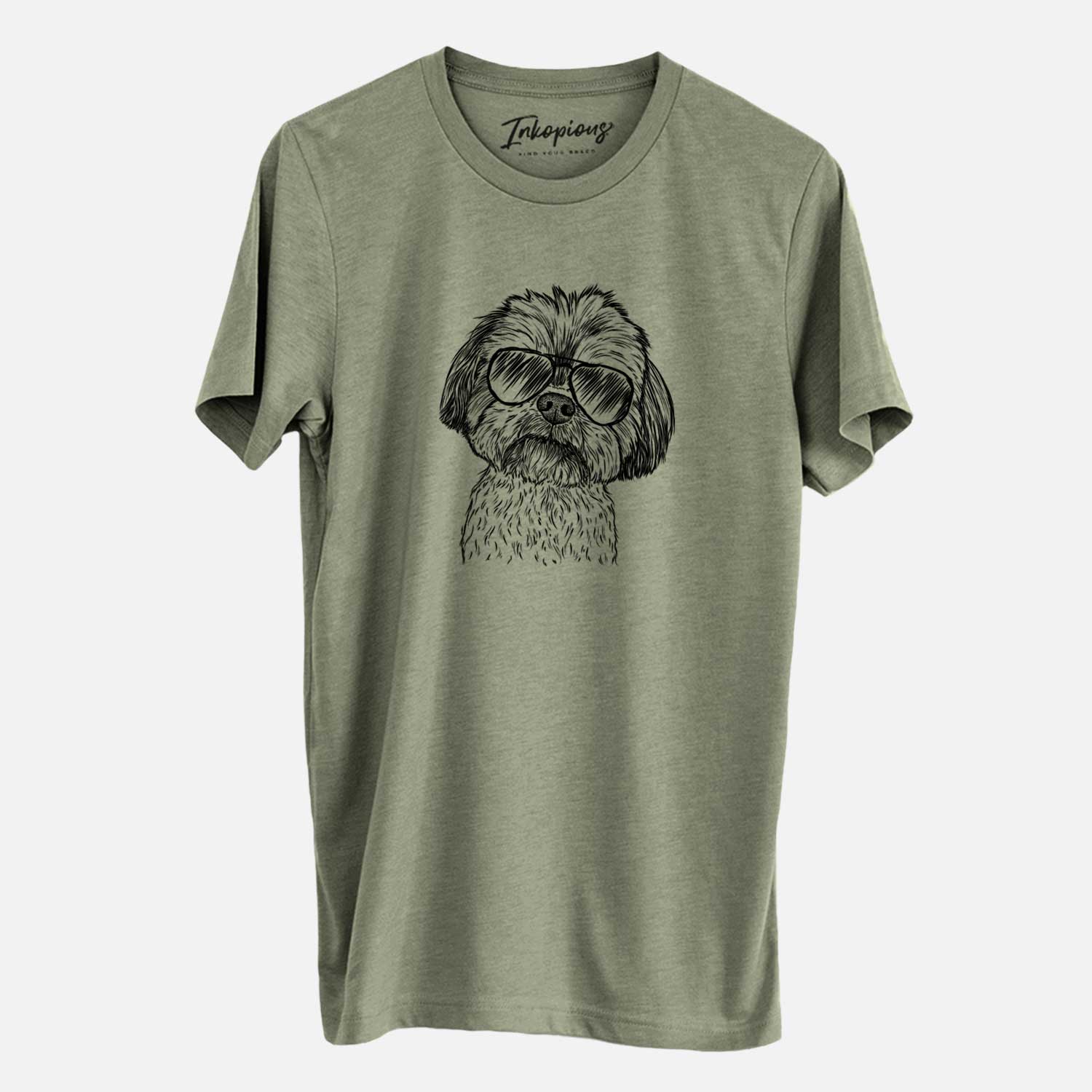 Hand-drawn sketch of Lucy the Shorkie wearing aviator sunglasses on an Olive Unisex crewneck