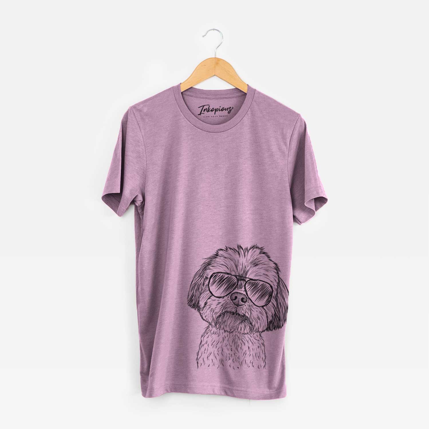 Hand-drawn sketch of Lucy the Shorkie wearing aviator sunglasses on an Orchid Bella Canvas Unisex Crewneck