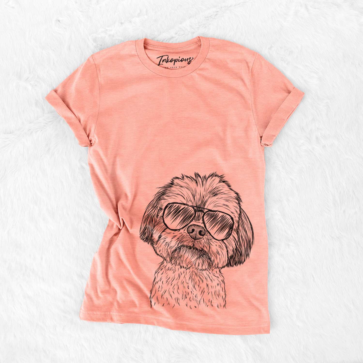 Hand-drawn sketch of Lucy the Shorkie wearing aviator sunglasses on a Sunset Bella Canvas Unisex Crewneck