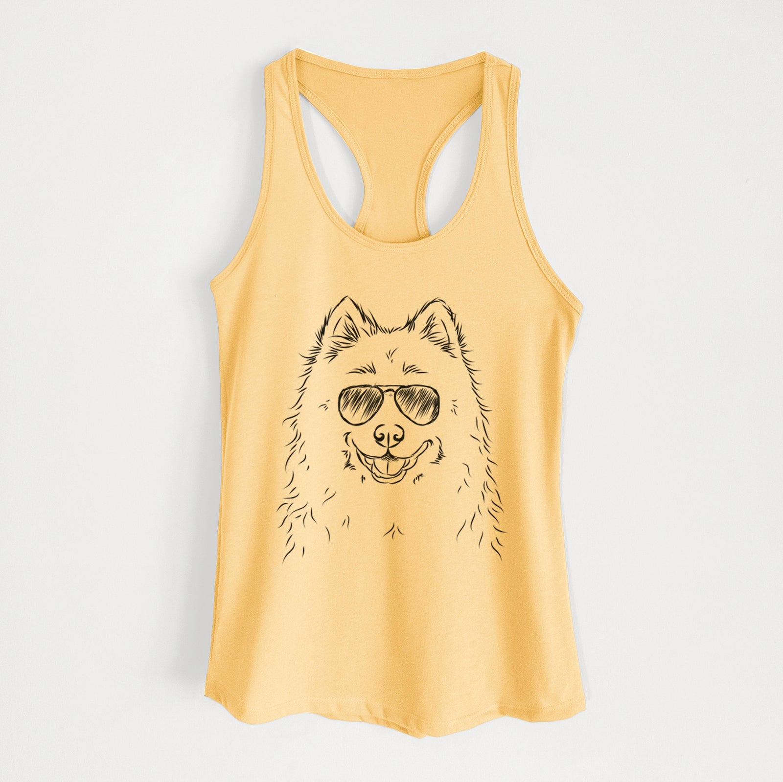 Hand-drawn sketch of Luka the Samoyed wearing aviator sunglasses on a Banana Cream Women's racerback tanktop