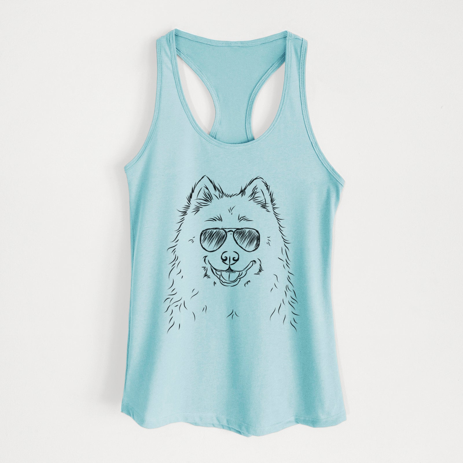 Hand-drawn sketch of Luka the Samoyed wearing aviator sunglasses on a Cancun Blue Women's racerback tanktop
