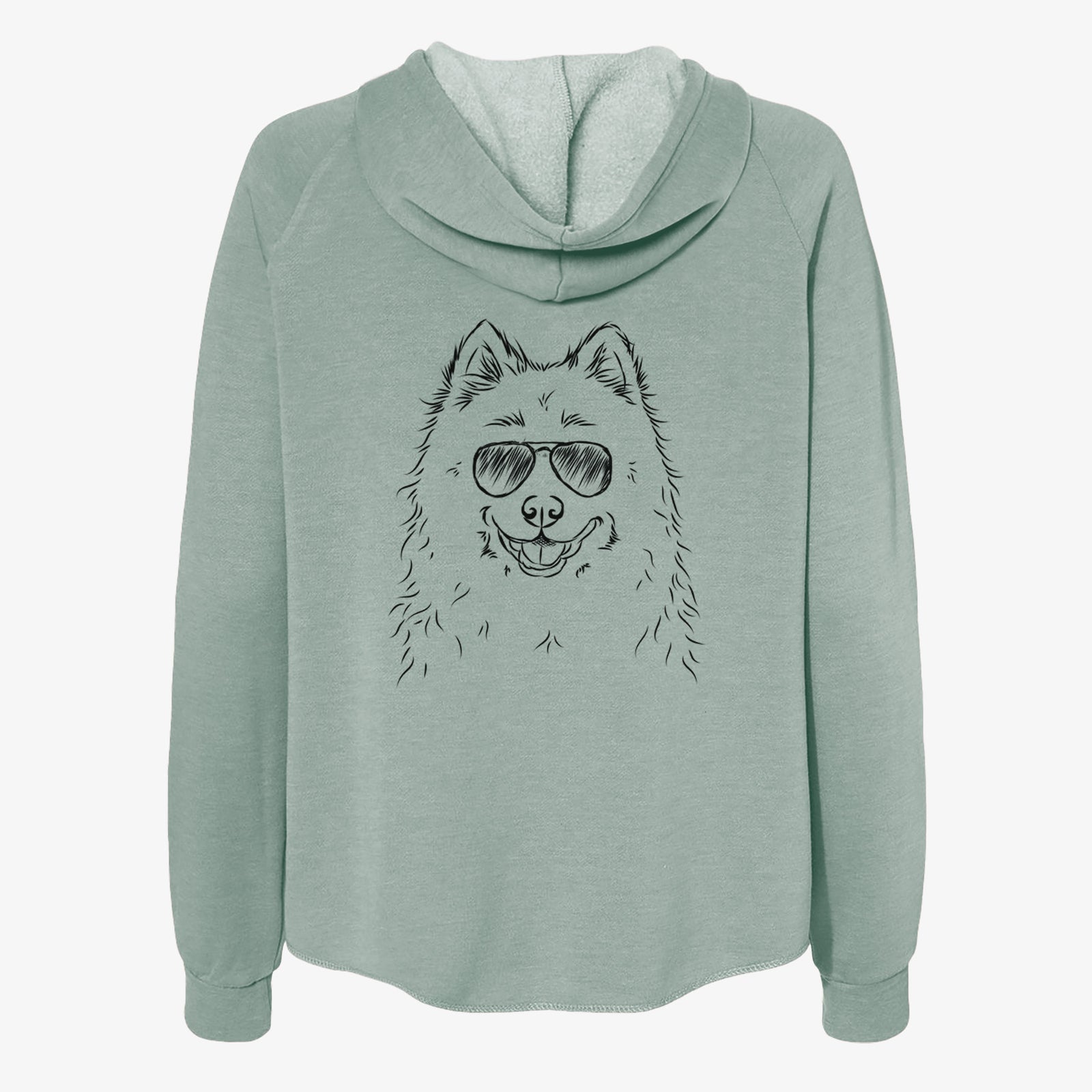 Hand-drawn sketch of Luka the Samoyed wearing aviator sunglasses on a Sage Women's cali wave zip-up sweatshirt