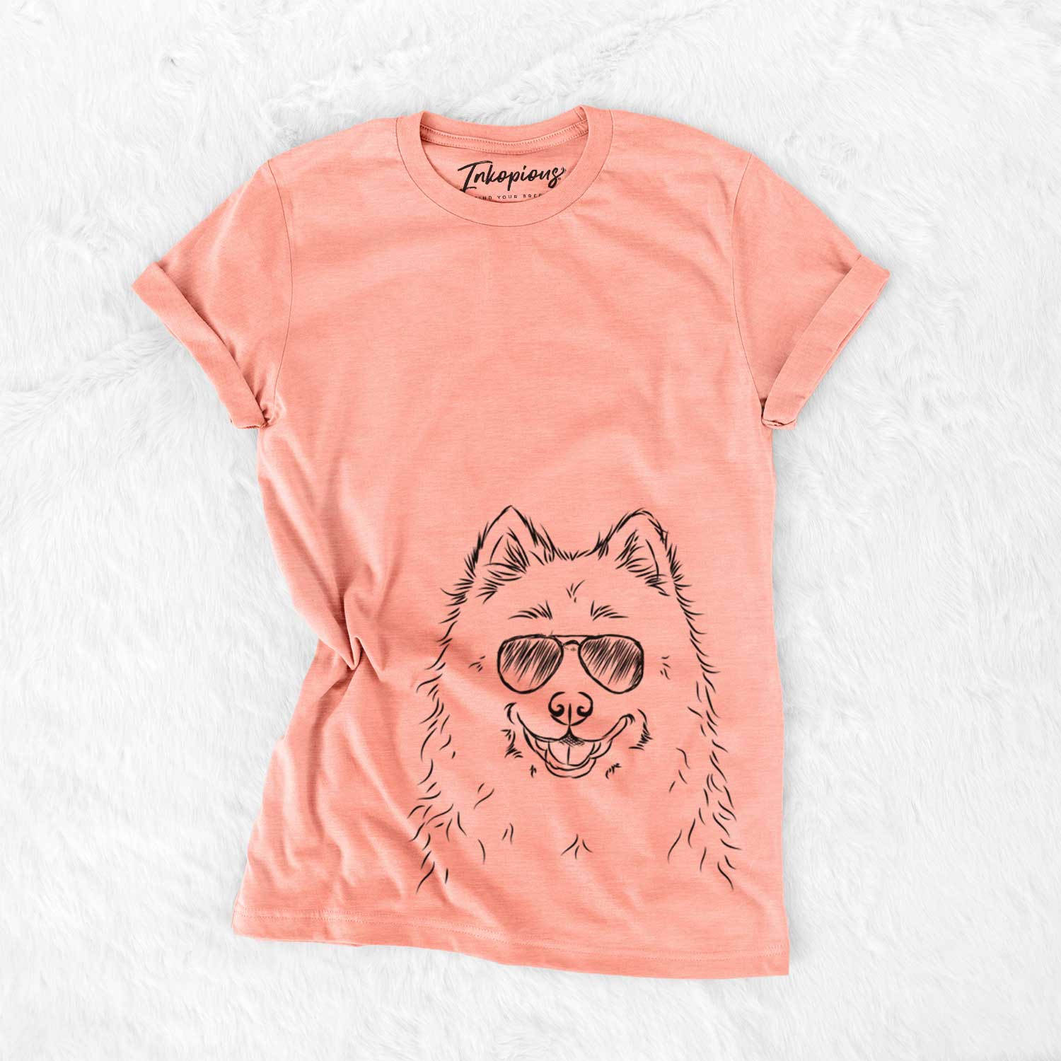 Hand-drawn sketch of Luka the Samoyed wearing aviator sunglasses on a Sunset Bella Canvas Unisex Crewneck