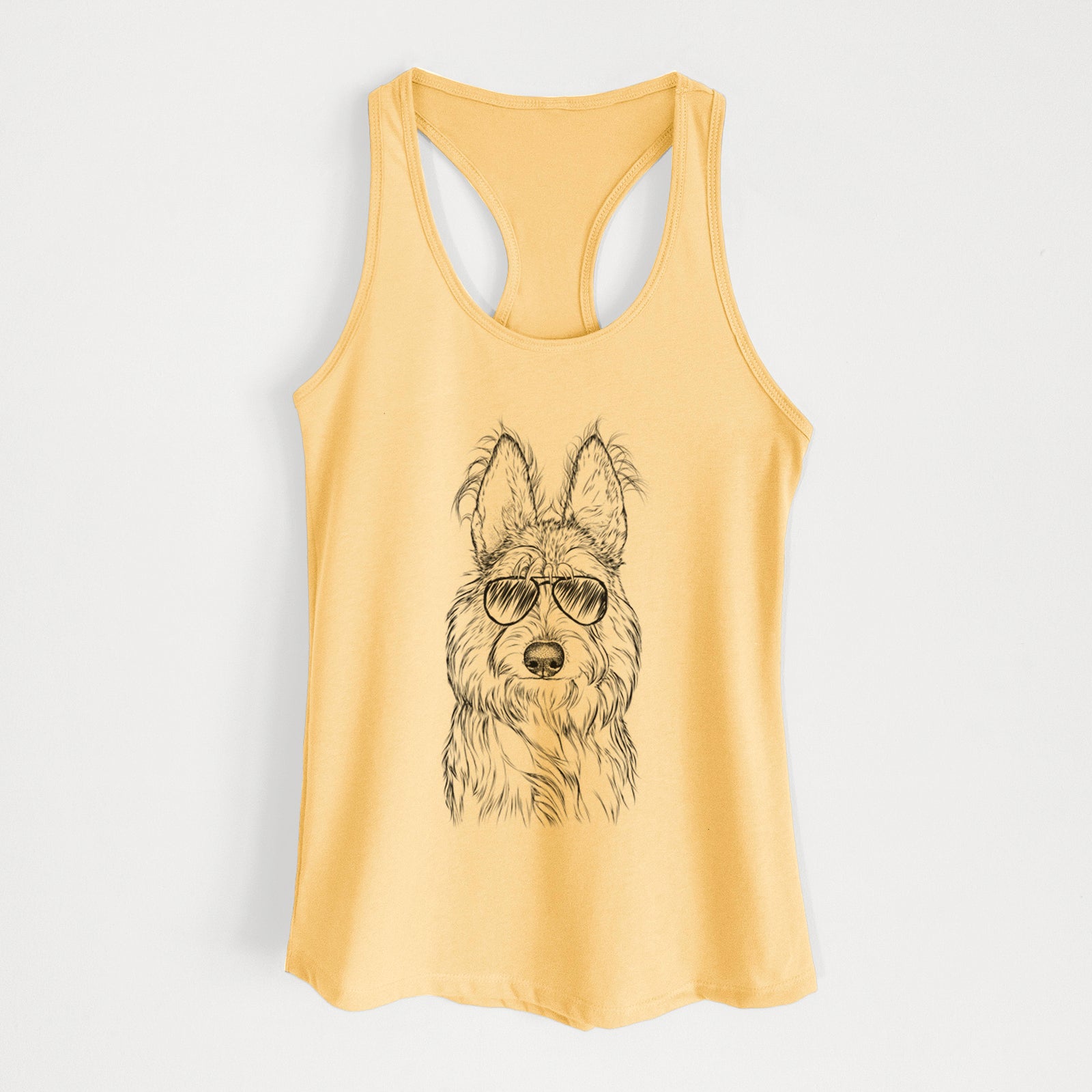 Hand-drawn sketch of Luna the Berger Picard wearing aviator sunglasses on a Banana Cream Women's racerback tanktop