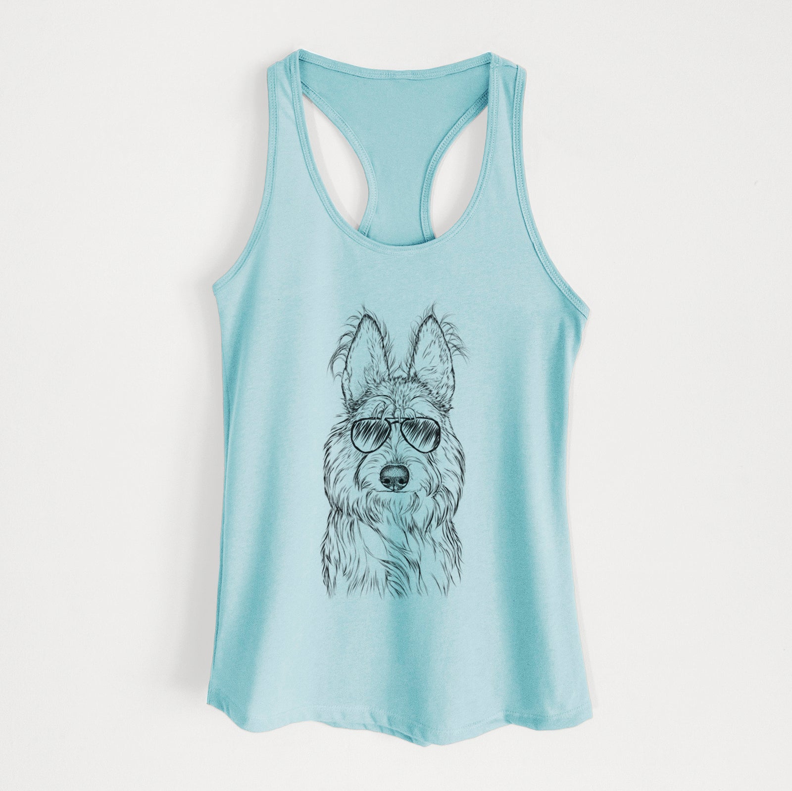 Hand-drawn sketch of Luna the Berger Picard wearing aviator sunglasses on a Cancun Blue Women's racerback tanktop