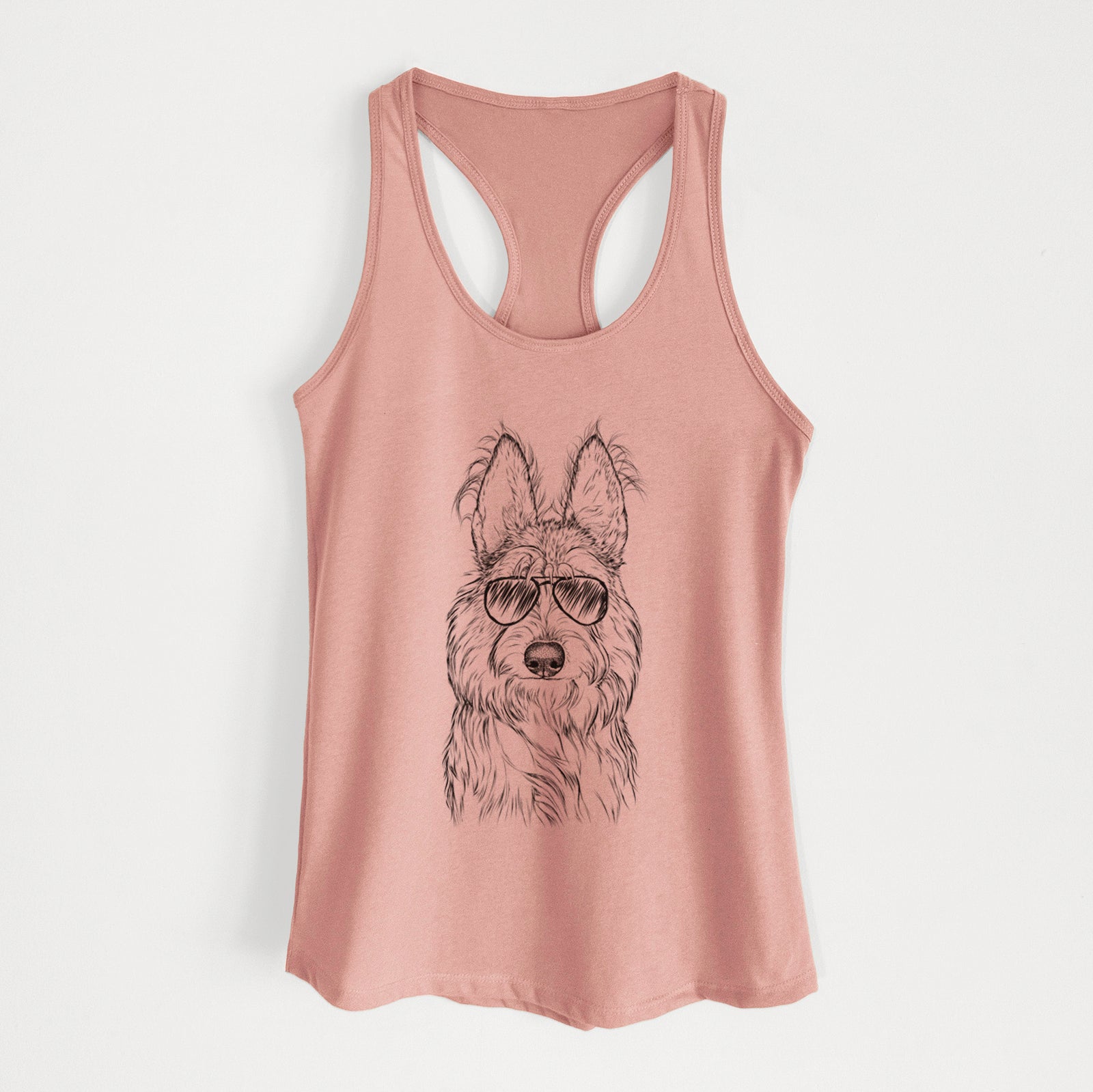 Hand-drawn sketch of Luna the Berger Picard wearing aviator sunglasses on a Desert Pink Women's racerback tanktop
