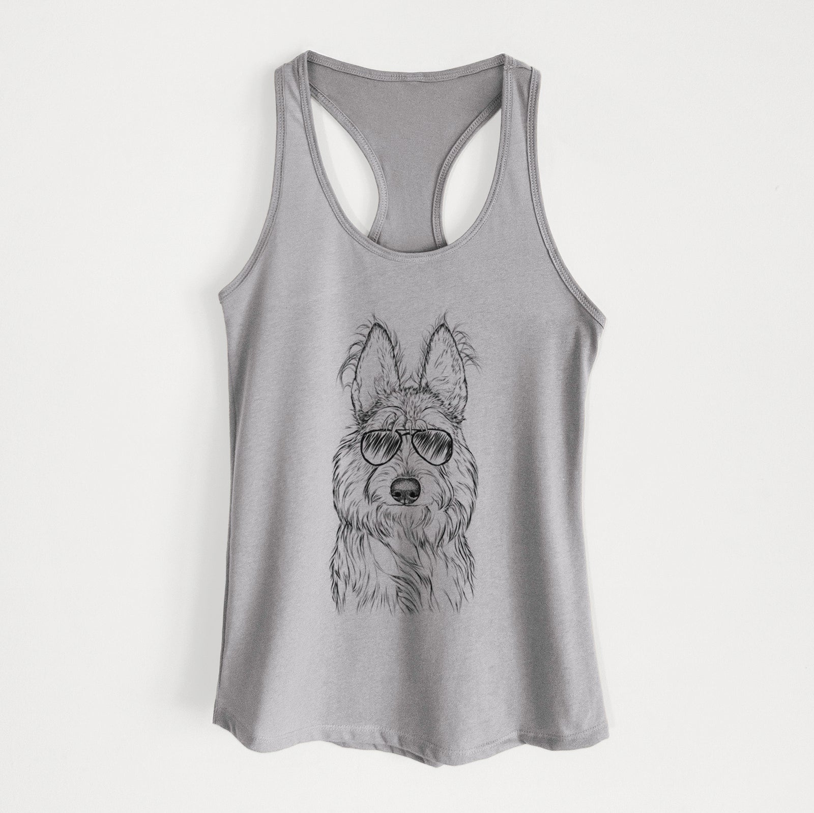 Hand-drawn sketch of Luna the Berger Picard wearing aviator sunglasses on a Heather Grey Women's racerback tanktop