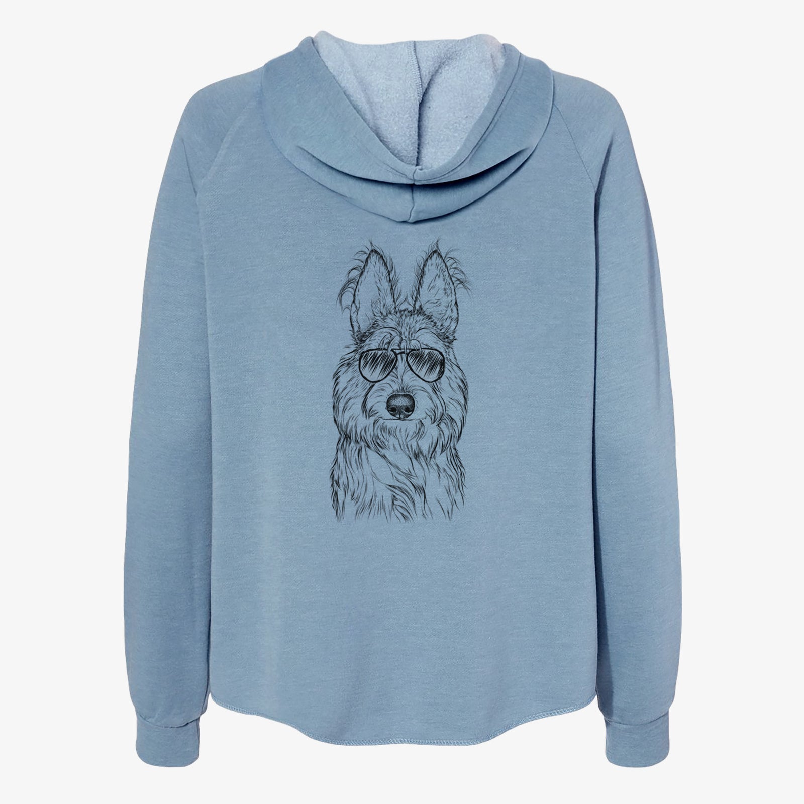 Hand-drawn sketch of Luna the Berger Picard wearing aviator sunglasses on a Misty Blue Women's cali wave zip-up sweatshirt